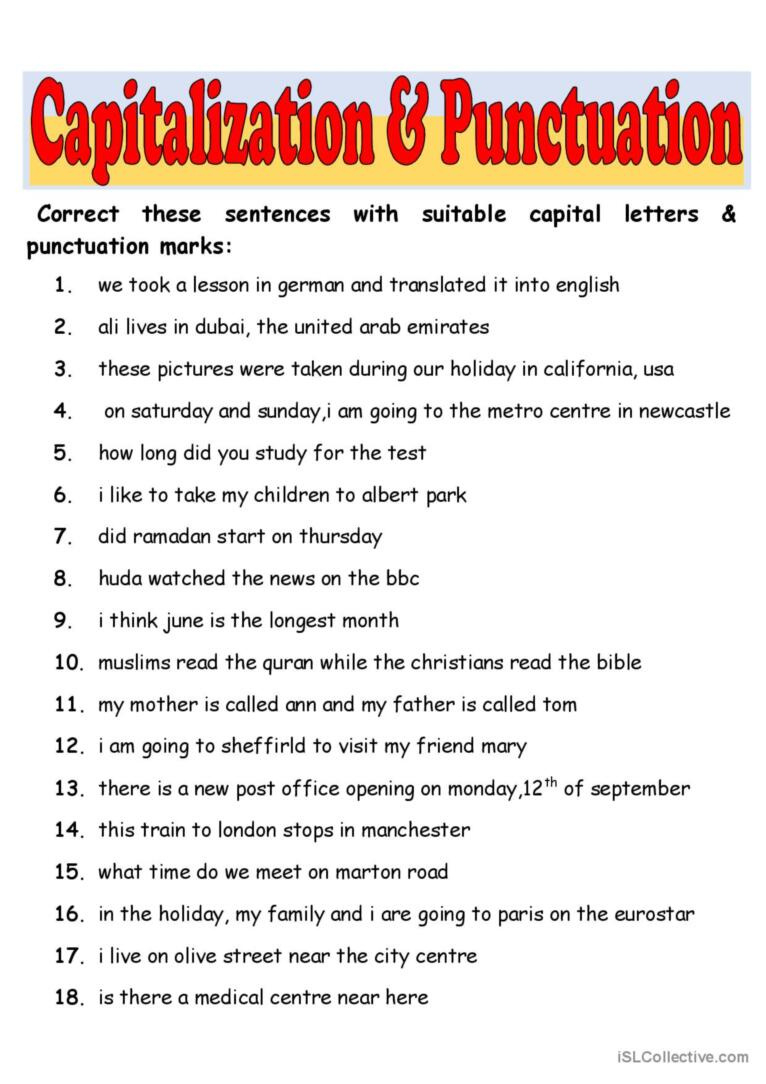 Capitalization &amp;amp; Punctuation: English Esl Worksheets Pdf &amp;amp; Doc regarding Free Printable Worksheets For Punctuation And Capitalization