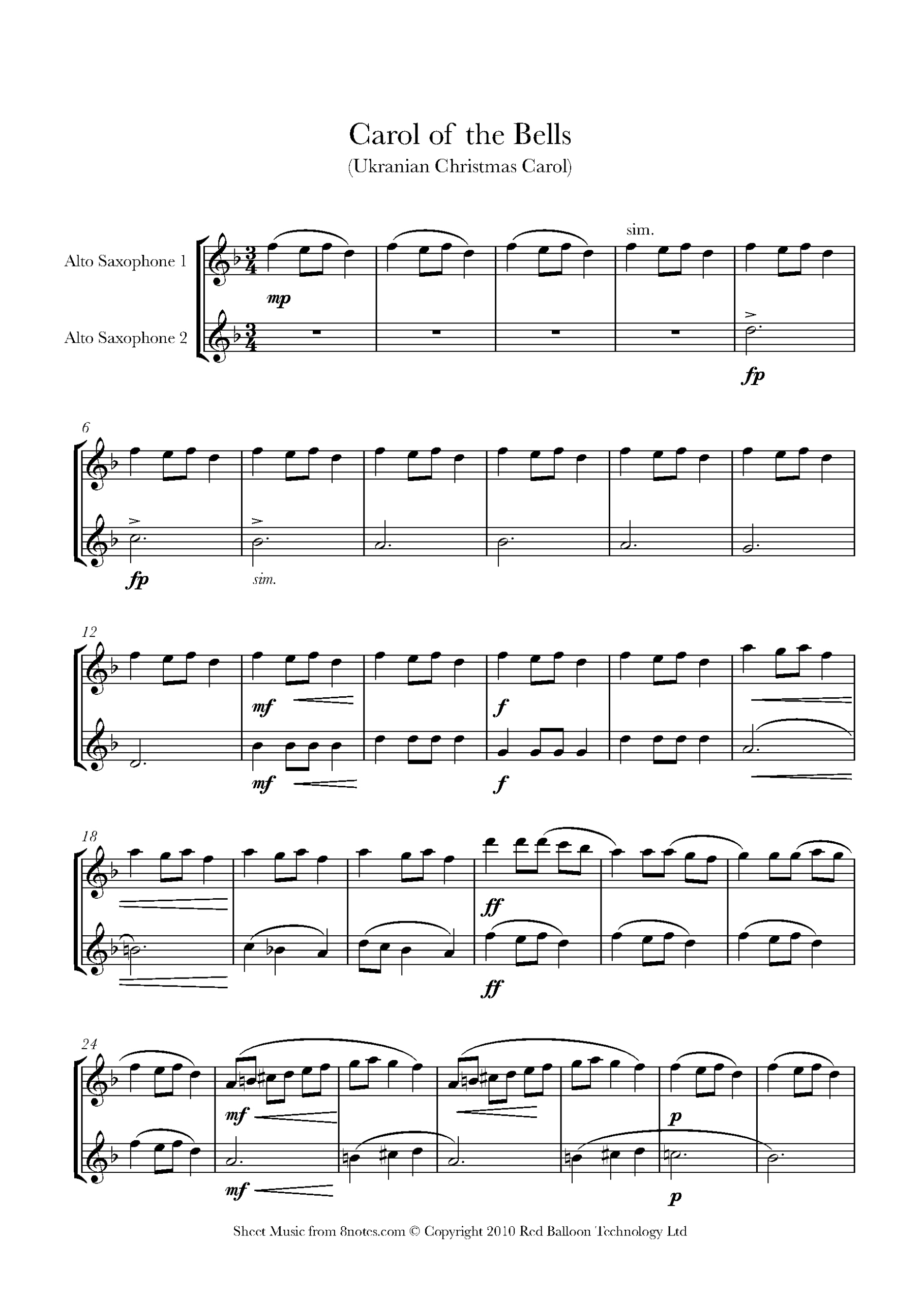 Carol Of The Bells For Alto Saxophone Duet - Free Sheet Music For regarding Free Printable Alto Saxophone Sheet Music