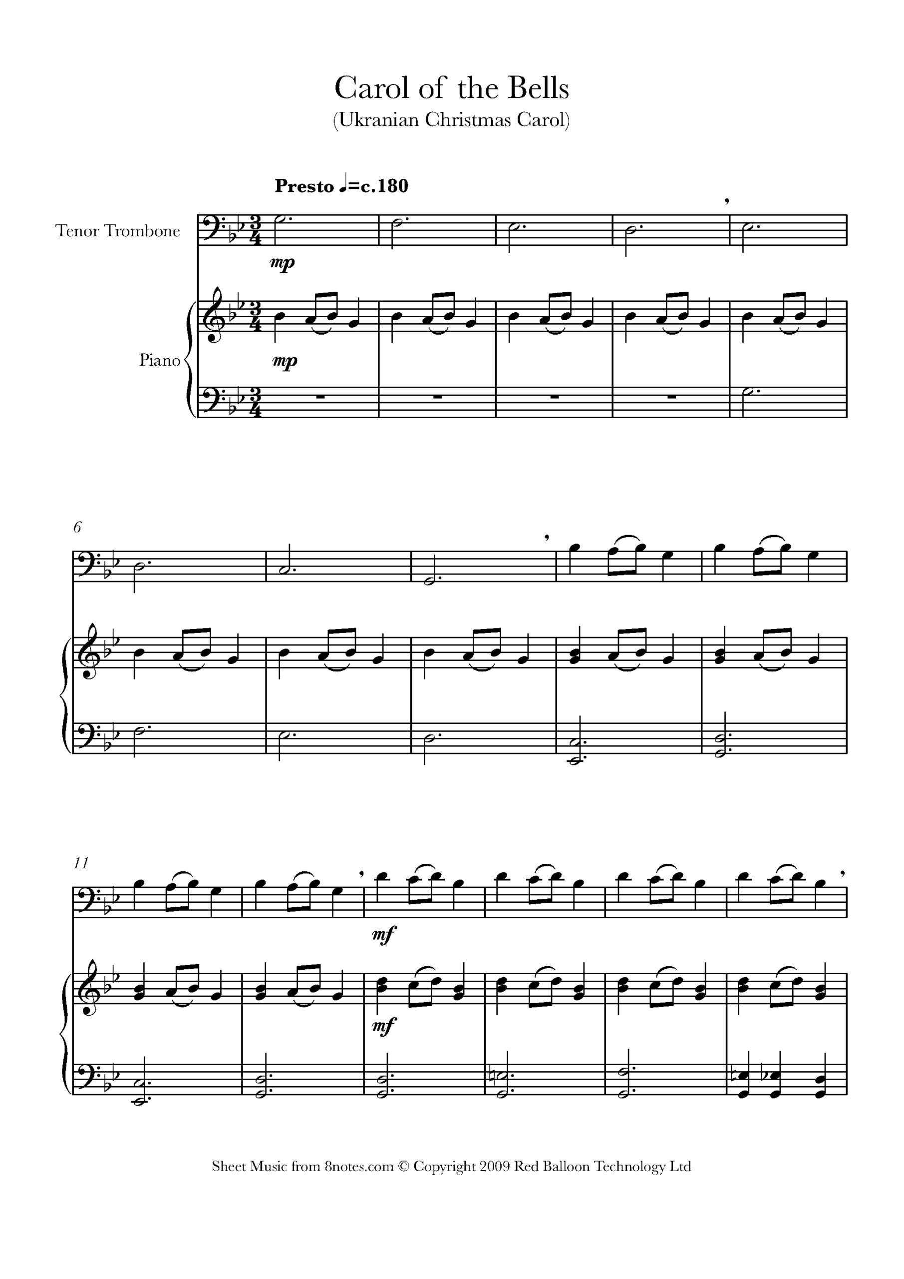 Carol Of The Bells For Trombone - Free Sheet Music For Trombone throughout Sheet Music For Trombone Free Printable