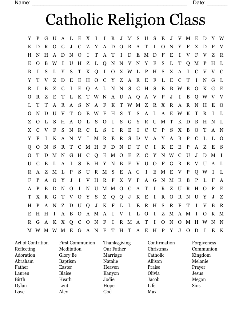 Catholic Religion Class Word Search - Wordmint with Free Printable Catholic Word Search