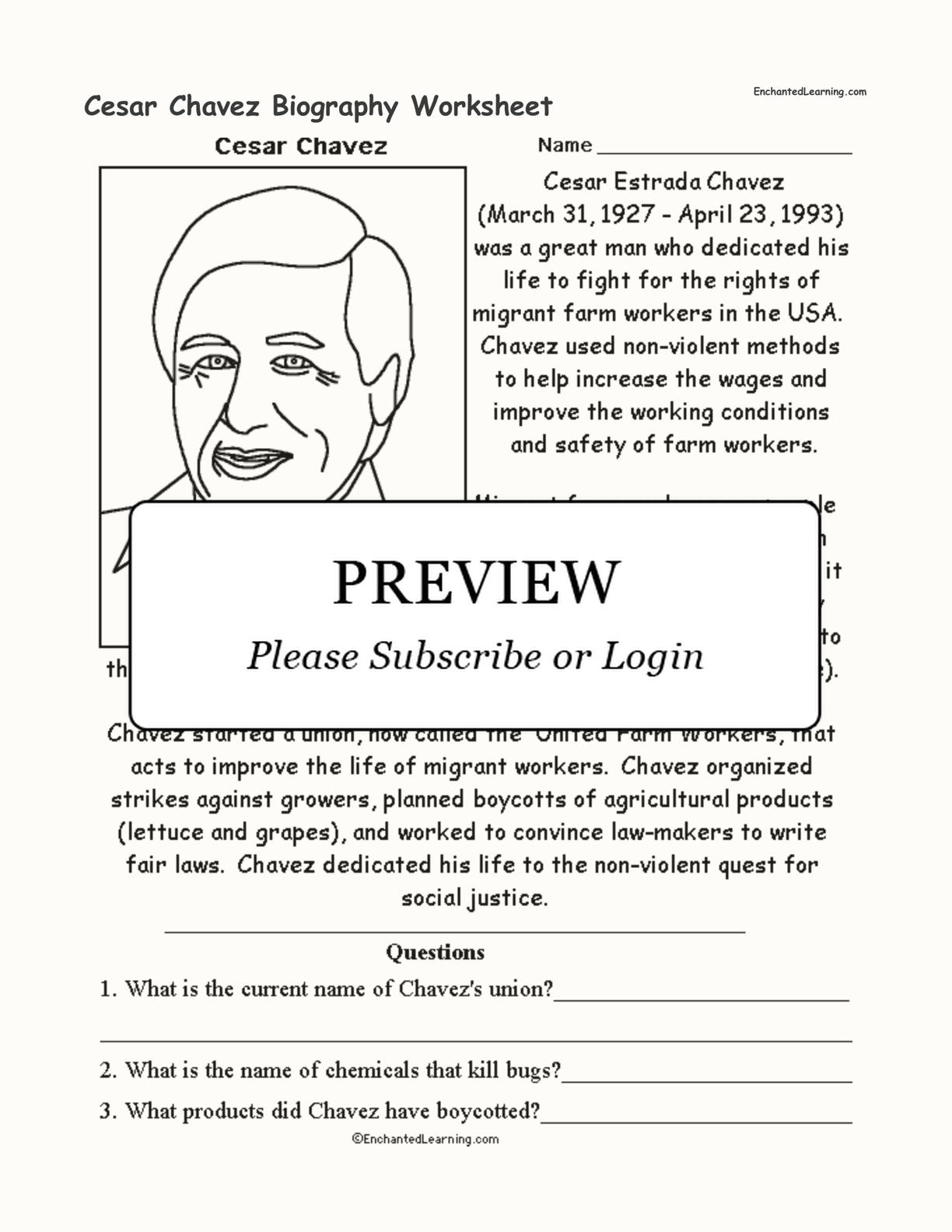 Cesar Chavez Biography Worksheet - Enchanted Learning intended for Cesar Chavez Free Printable Worksheets
