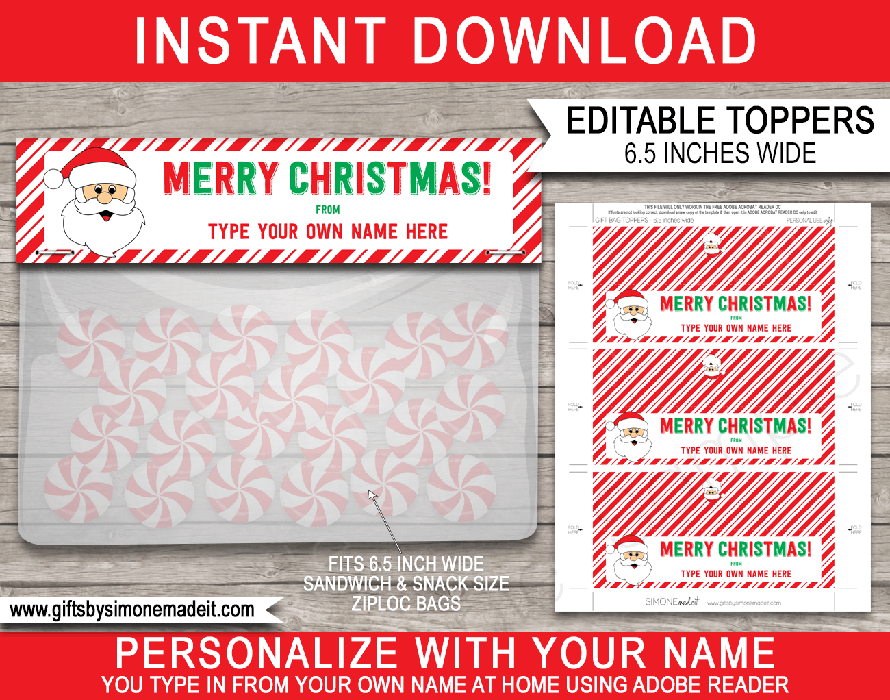 Christmas Bag Toppers (Santa) - 6.5 Inch Wide - Red & Green within Free Printable Christmas Bag Toppers