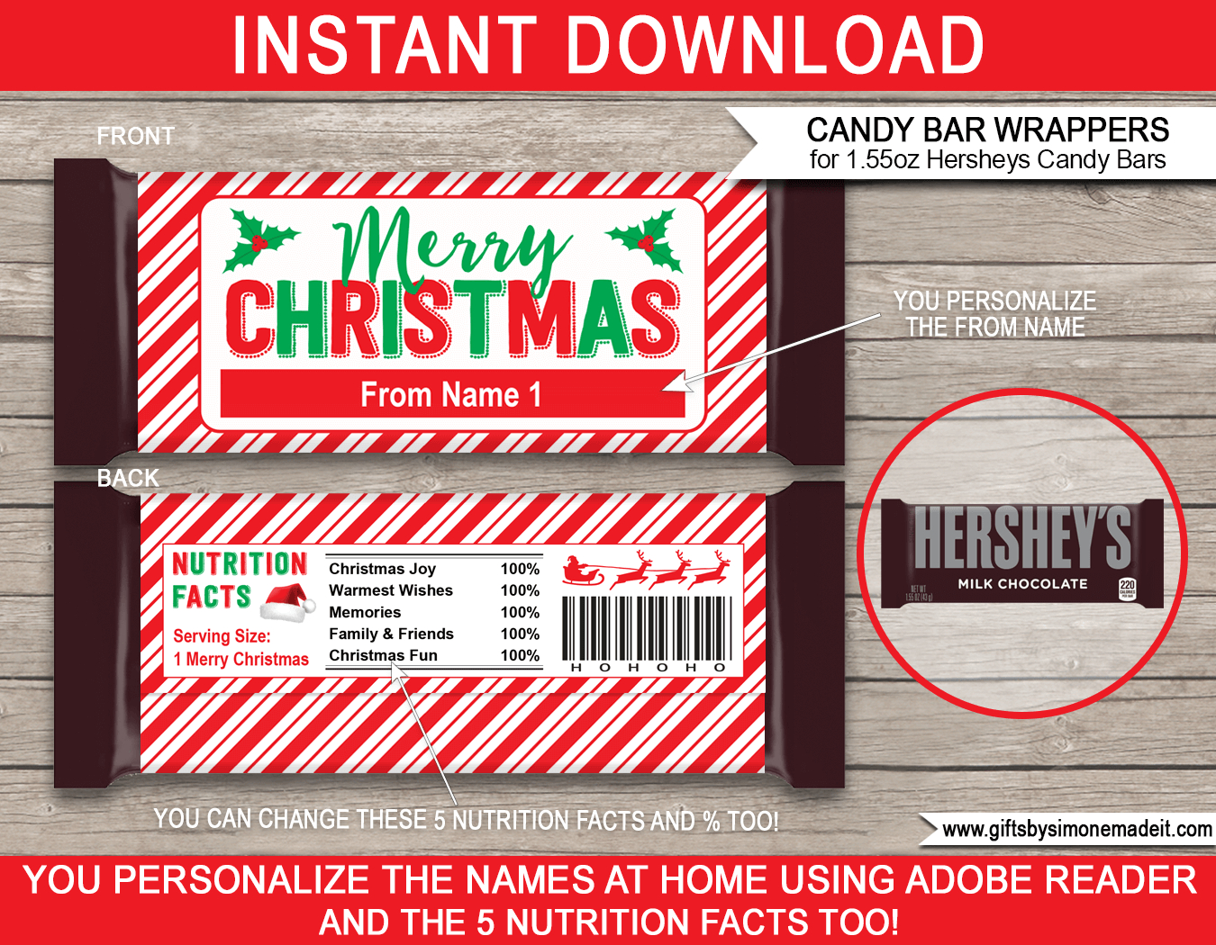 Christmas Candy Bar Wrappers (1.55Oz Hersheys) - Red &amp;amp; Green intended for Free Printable Candy Bar Wrappers Templates