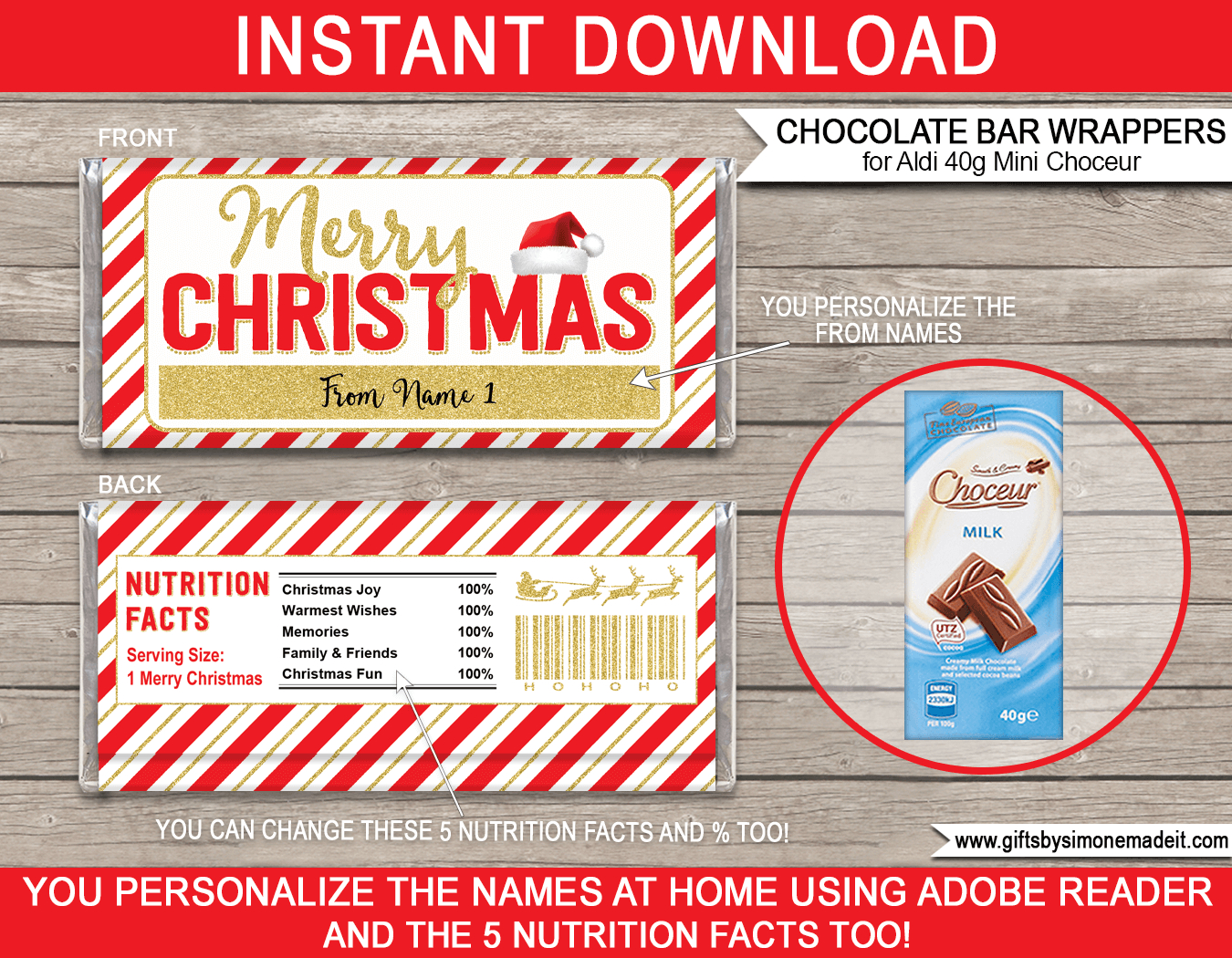 Christmas Chocolate Bar Wrappers (Mini Choceur) - Red & Gold inside Free Printable Christmas Candy Bar Wrappers