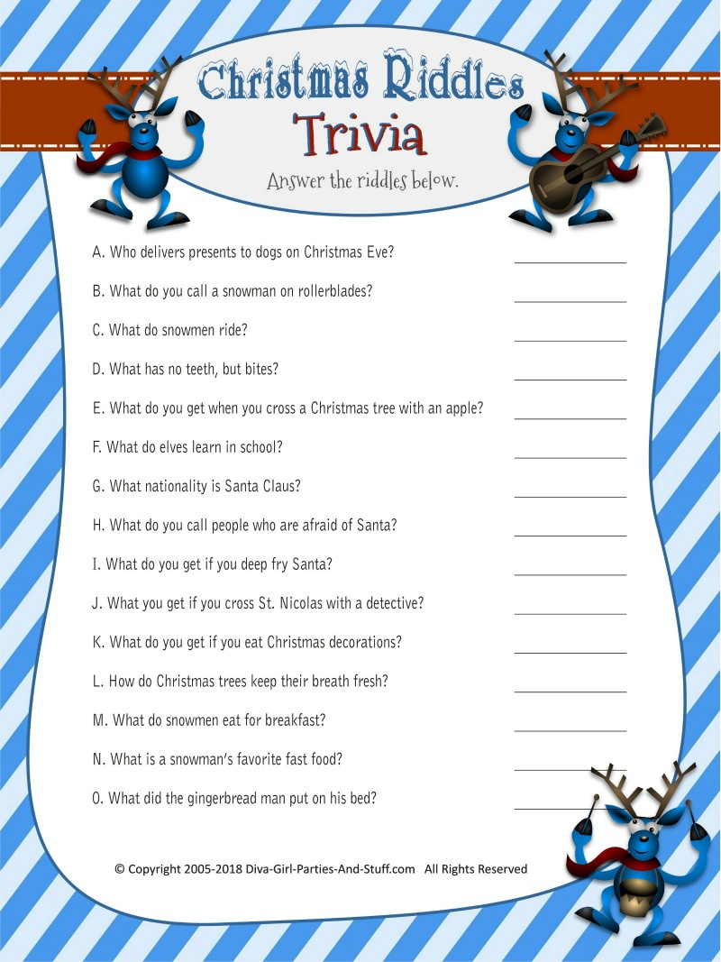Christmas Riddles Trivia Game | 2 Printable Versions With Answers throughout Free Printable Holiday Brain Teasers