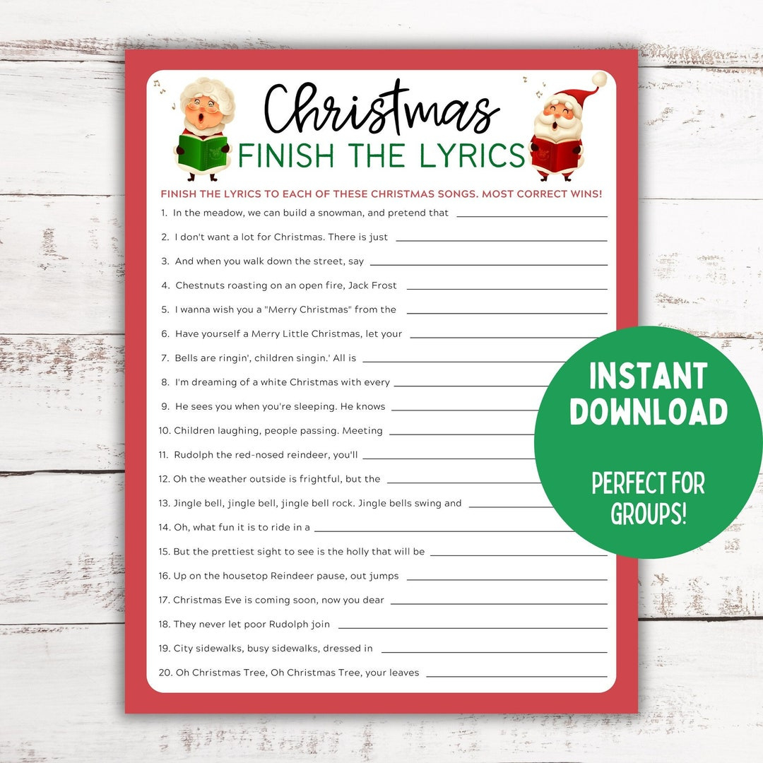 Christmas Song Trivia Game | Finish The Lyrics | Christmas Printable Game |  Christmas Family Activity| Christmas Party Game - Etsy pertaining to Christmas Song Lyrics Game Free Printable