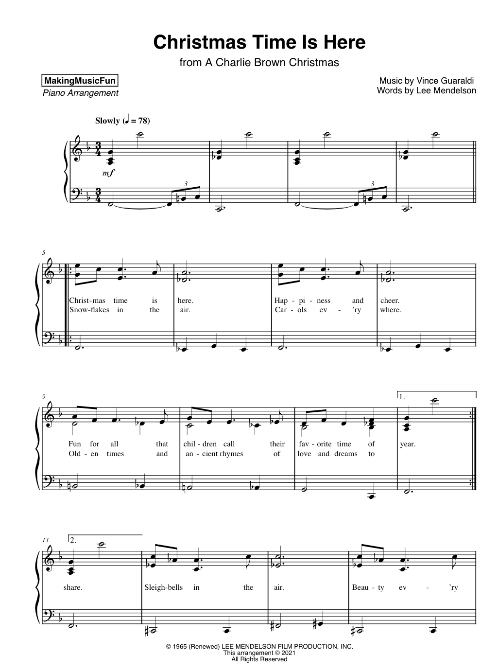 Christmas Time Is Here (Charlie Brown) | Easy Piano Sheet Music in Free Christmas Piano Sheet Music For Beginners Printable
