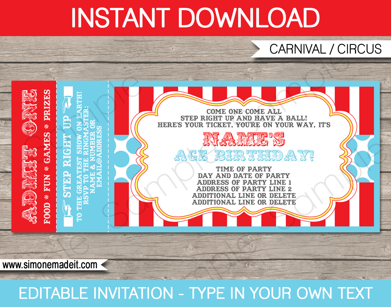 Circus Ticket Invitation Template - Red/Aqua for Free Printable Ticket Invitations