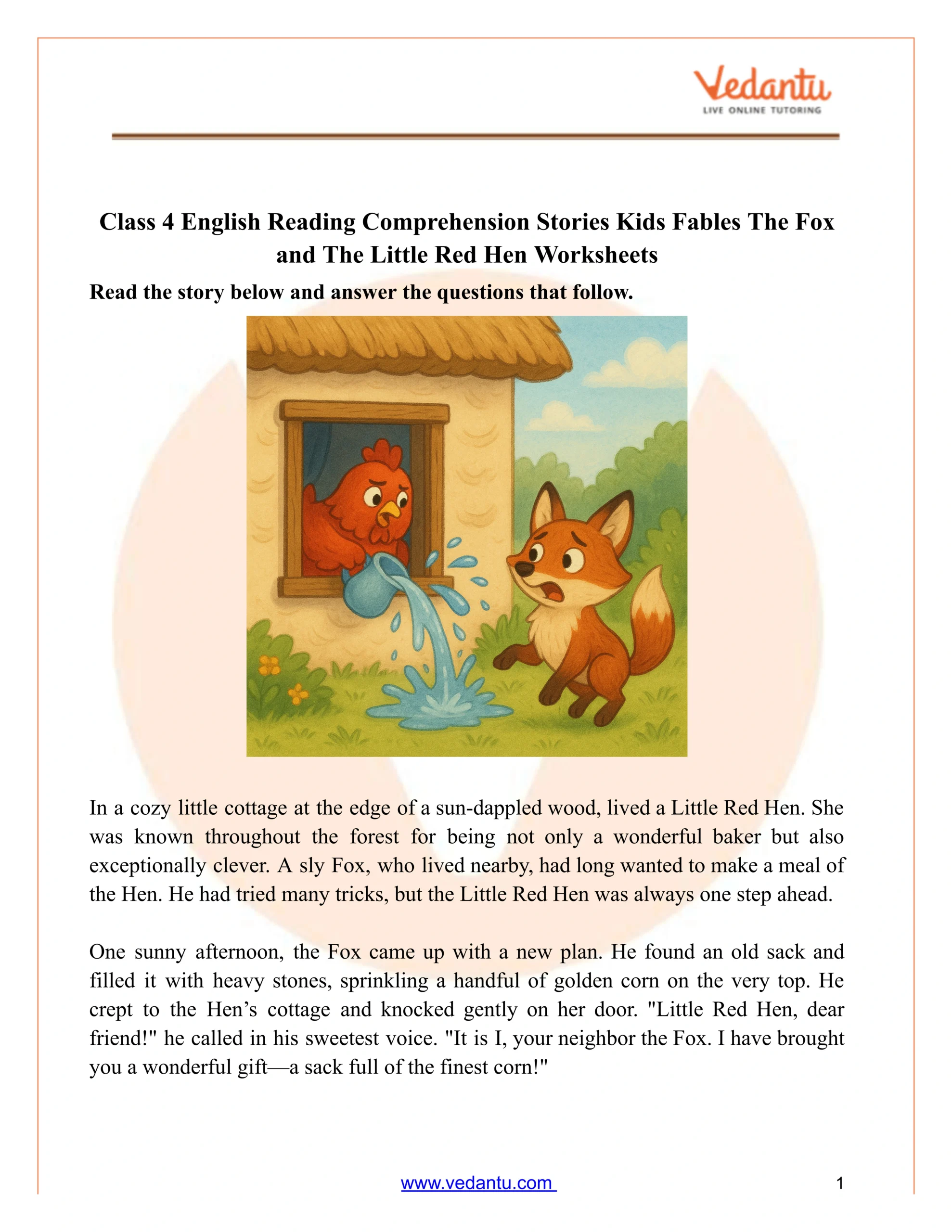Class 4 Reading Comprehension Worksheet: The Fox And The Little in Free Printable Stories For 4Th Graders