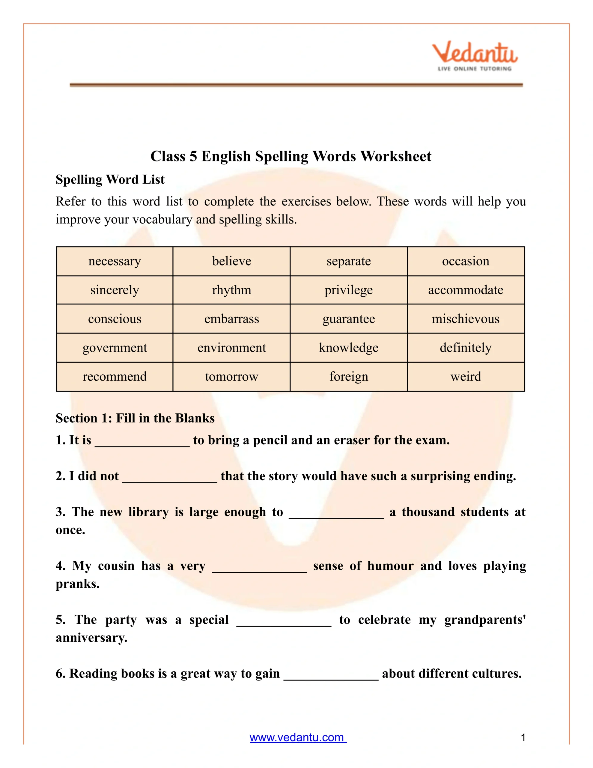 Class 5 Spelling Words Worksheet Pdf | Practice & Answers inside Free Printable Spelling Worksheets For 5Th Grade