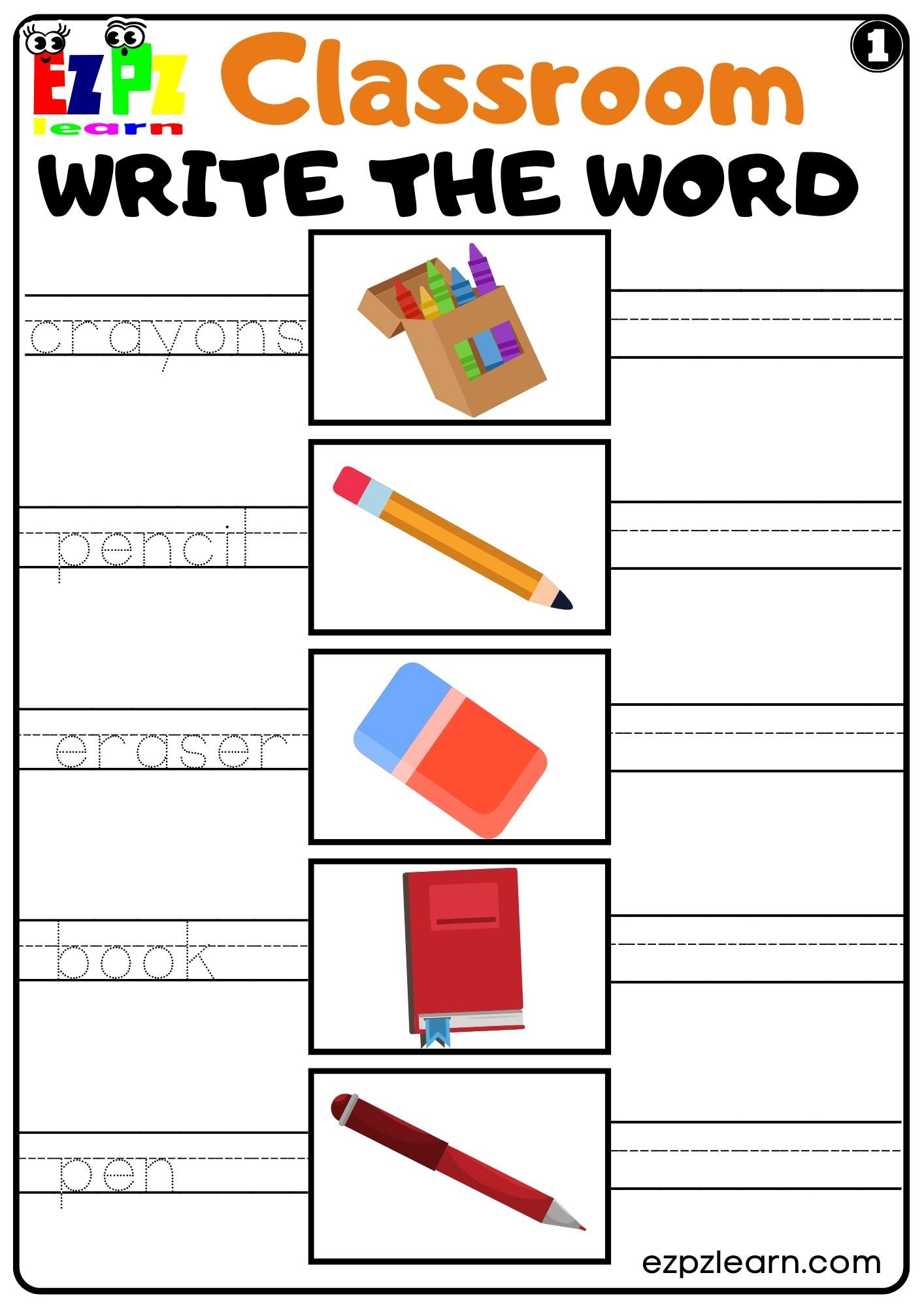Classroom Objects Write The Word Worksheet Set 1 For Kids inside Free Printable Classroom Worksheets