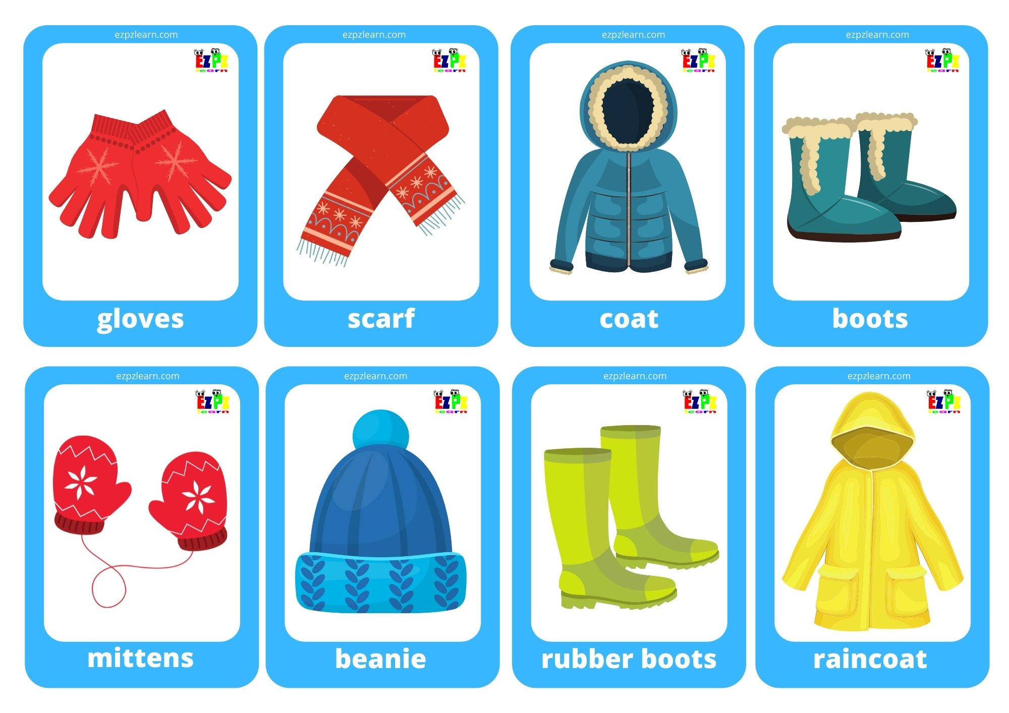 Clothes Winter Game Cards / Mini Flashcards - Ezpzlearn pertaining to Free Printable Clothing Flashcards