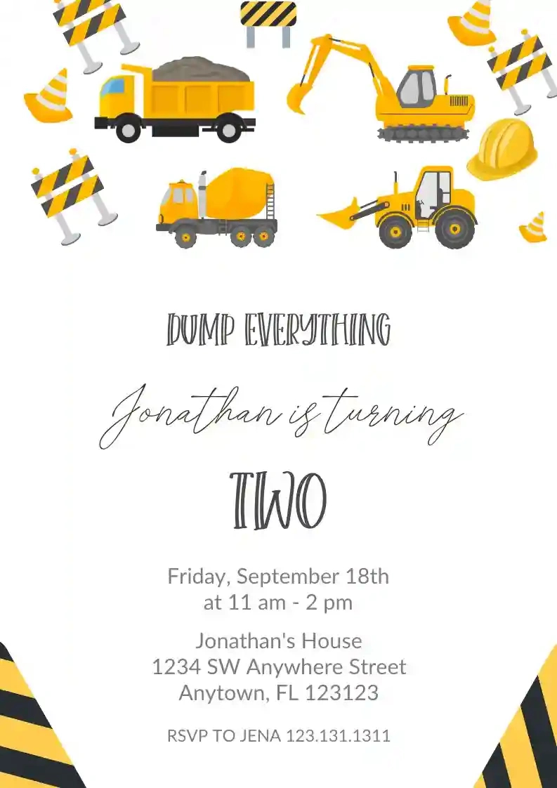 Construction Venicles - Free Kids Birthday Invitation Templates with Free Printable Construction Invitations