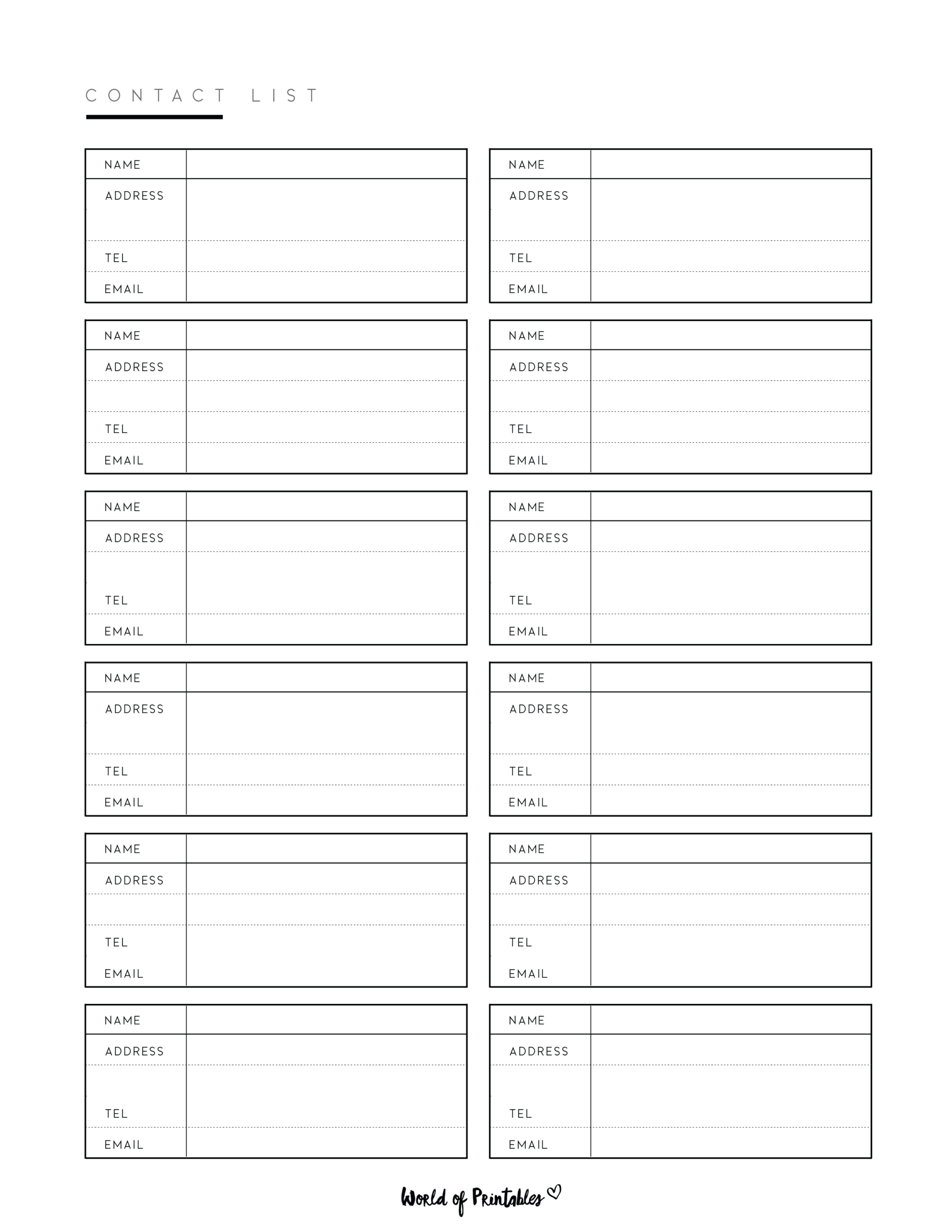 Contact List Templates - 12 Of The Best Styles - World Of Printables intended for Free Printable Contact List Template
