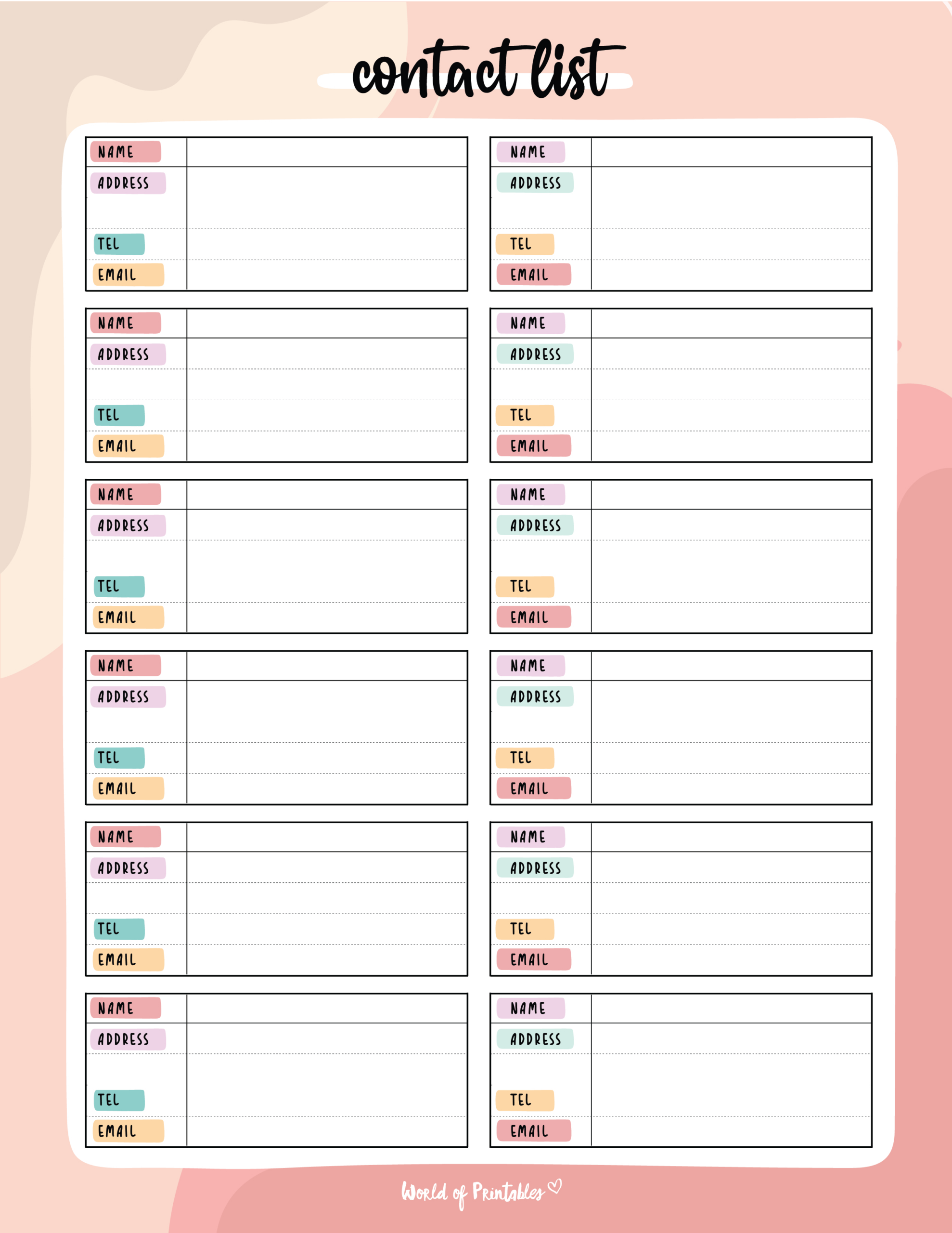Contact List Templates - 12 Of The Best Styles - World Of Printables pertaining to Free Printable Contact List
