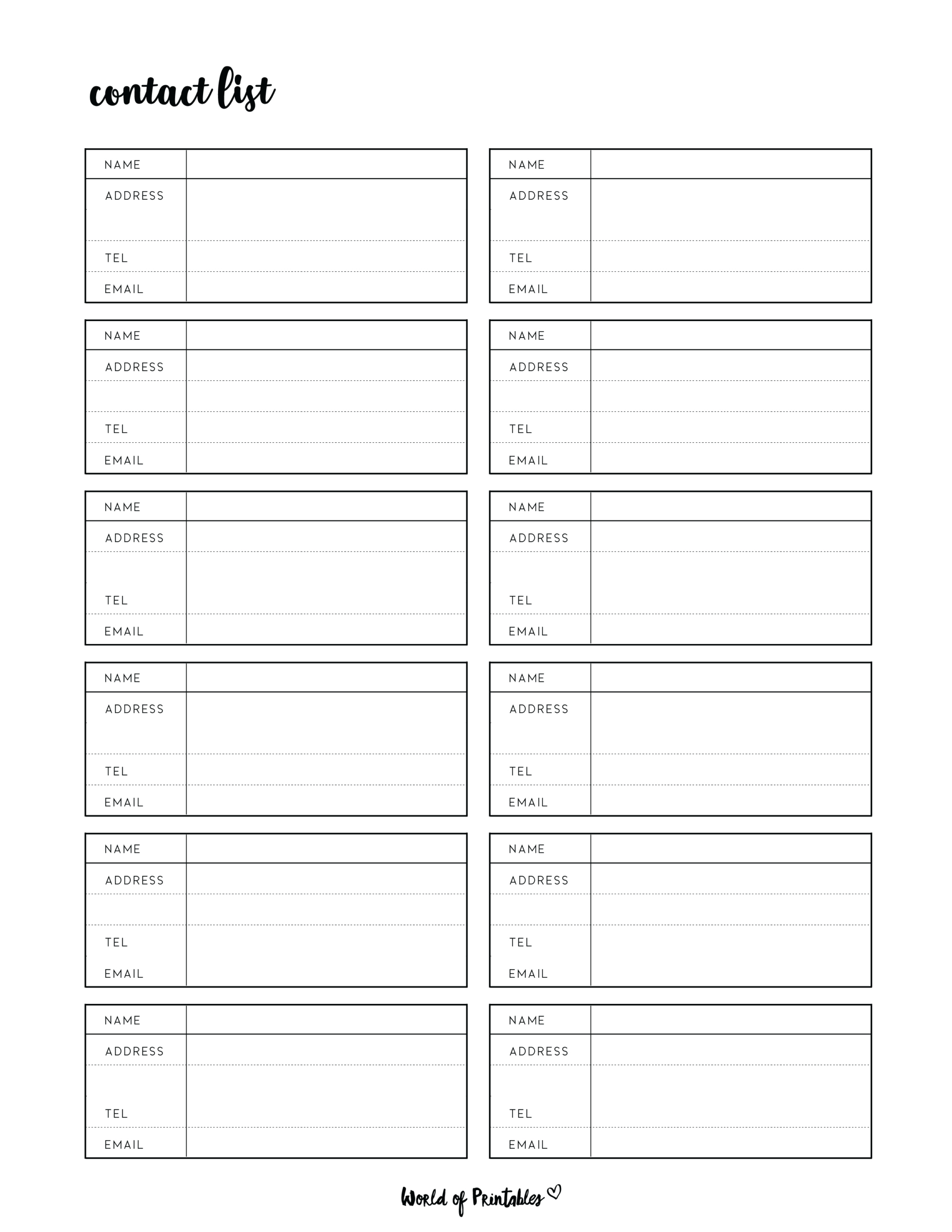 Contact List Templates - 12 Of The Best Styles - World Of Printables with regard to Free Printable Contact List