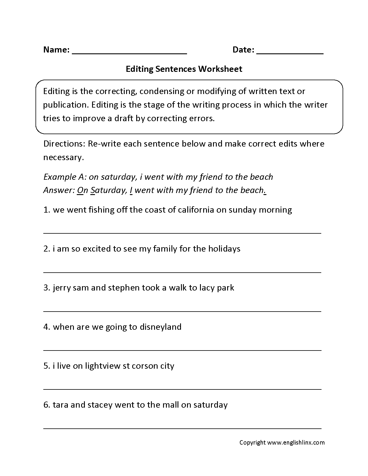 Correct The Sentence! (Capitalization And Punctuation Worksheet throughout Free Printable Sentence Correction Worksheets