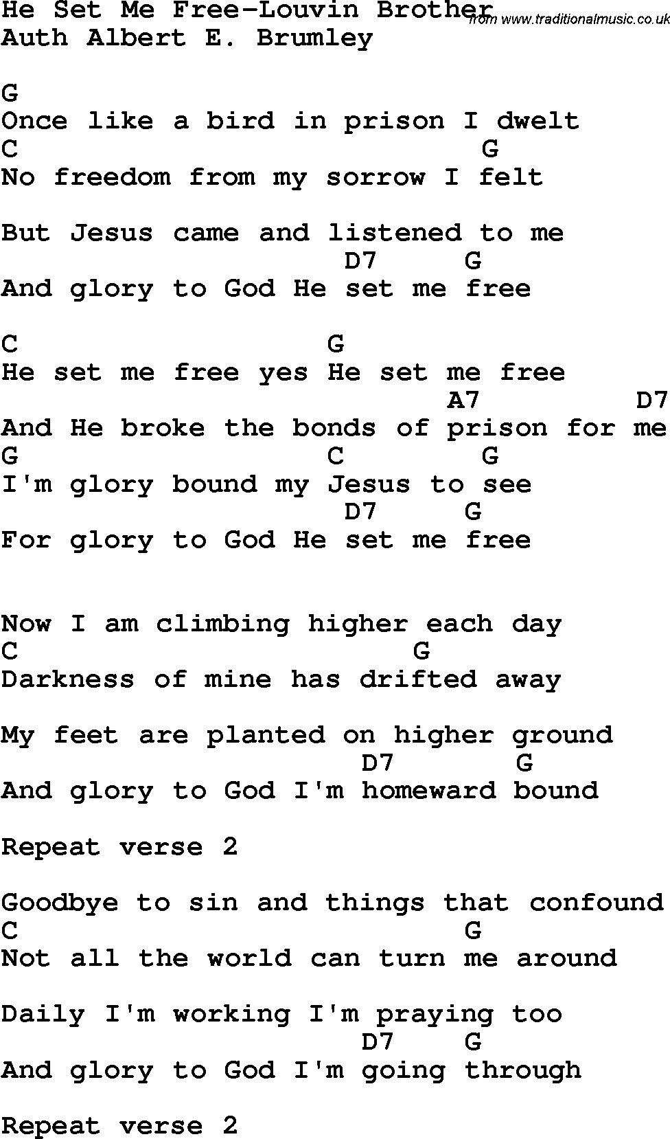 Country, Southern And Bluegrass Gospel Song He Set Me Free-Louvin for Free Printable Southern Gospel Song Lyrics