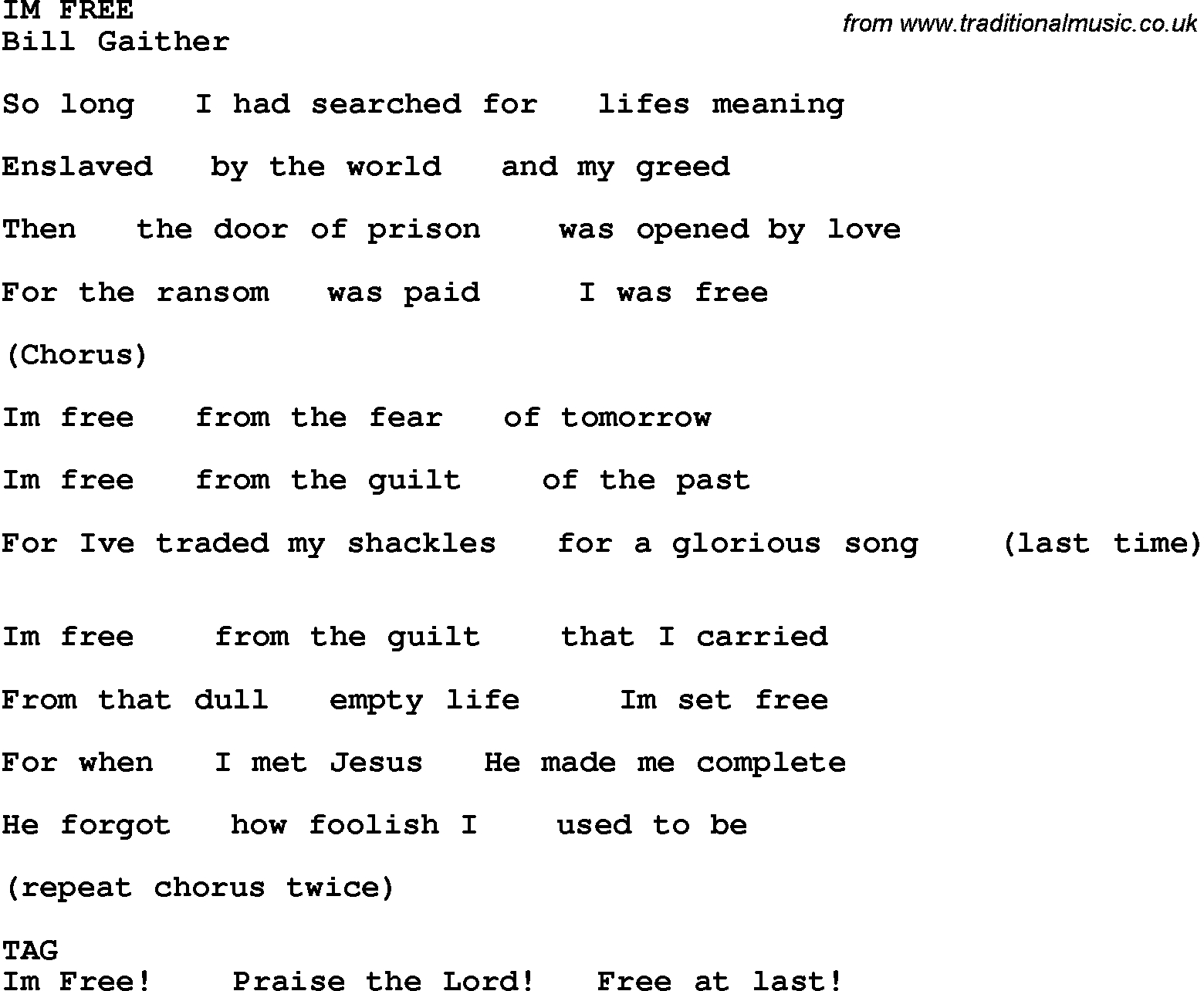 Country, Southern And Bluegrass Gospel Song Im Free Lyrics intended for Free Printable Southern Gospel Song Lyrics