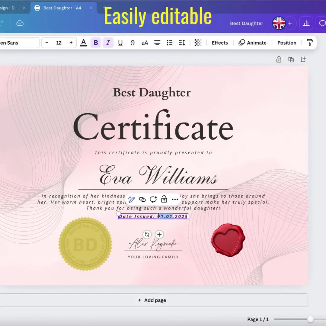 Custom Best Daughter Certificate – Personalized Printable Gift, Thoughtful Keepsake For Daughter, Birthday Or Special Occasion Gift pertaining to Free Printable Best Daughter Certificate