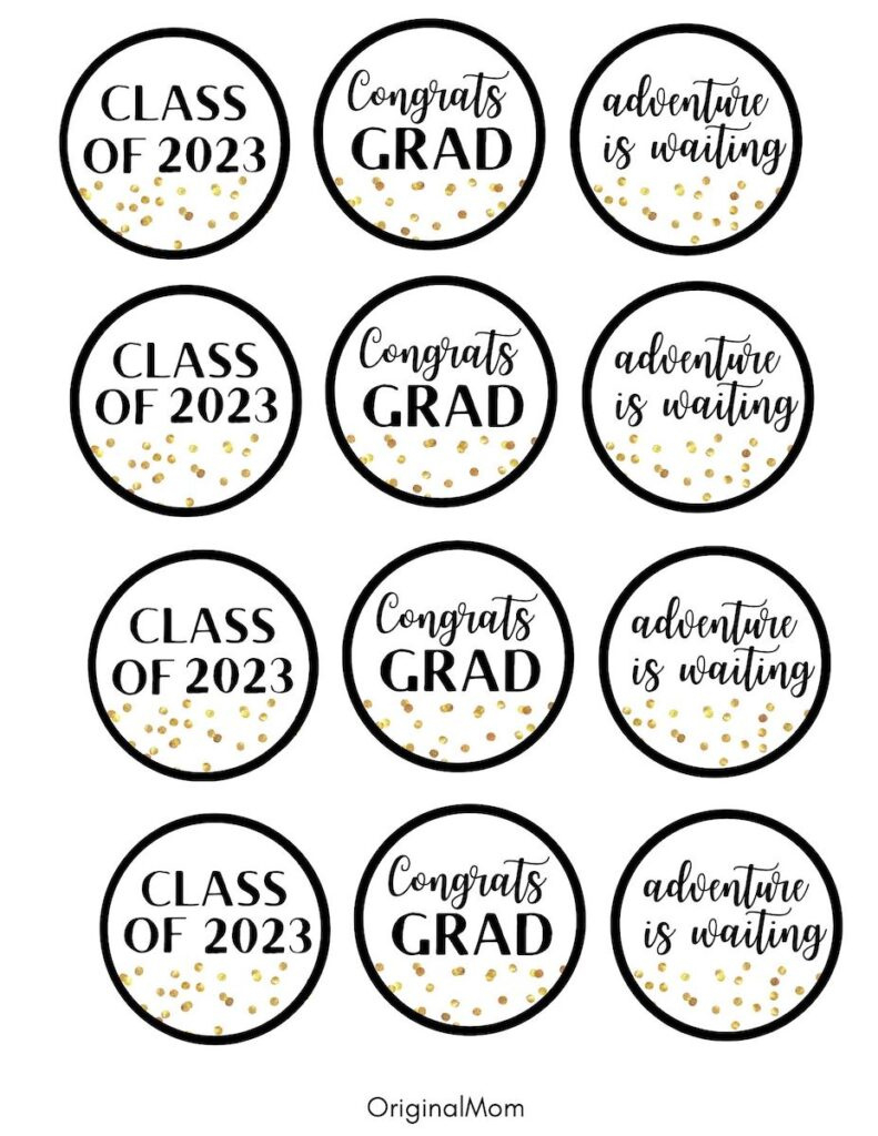 Cute Graduation Party Free Printables (Gold And Black) - Originalmom intended for Free Printable Graduation Cupcake Toppers