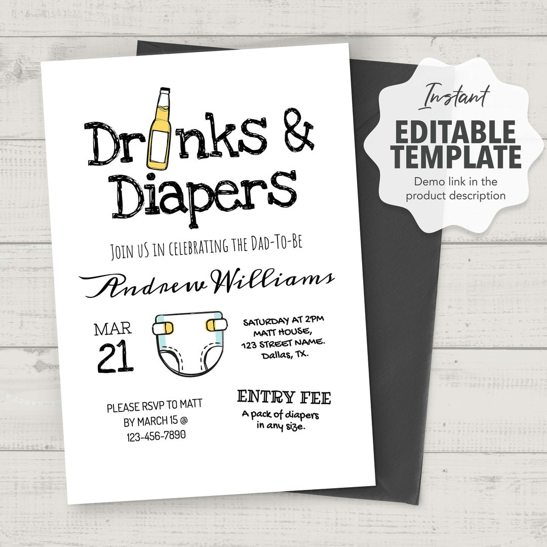 Dad Shower Invitation Template, Diaper And Drinks Party Invite pertaining to Free Printable Diaper Baby Shower Invitations