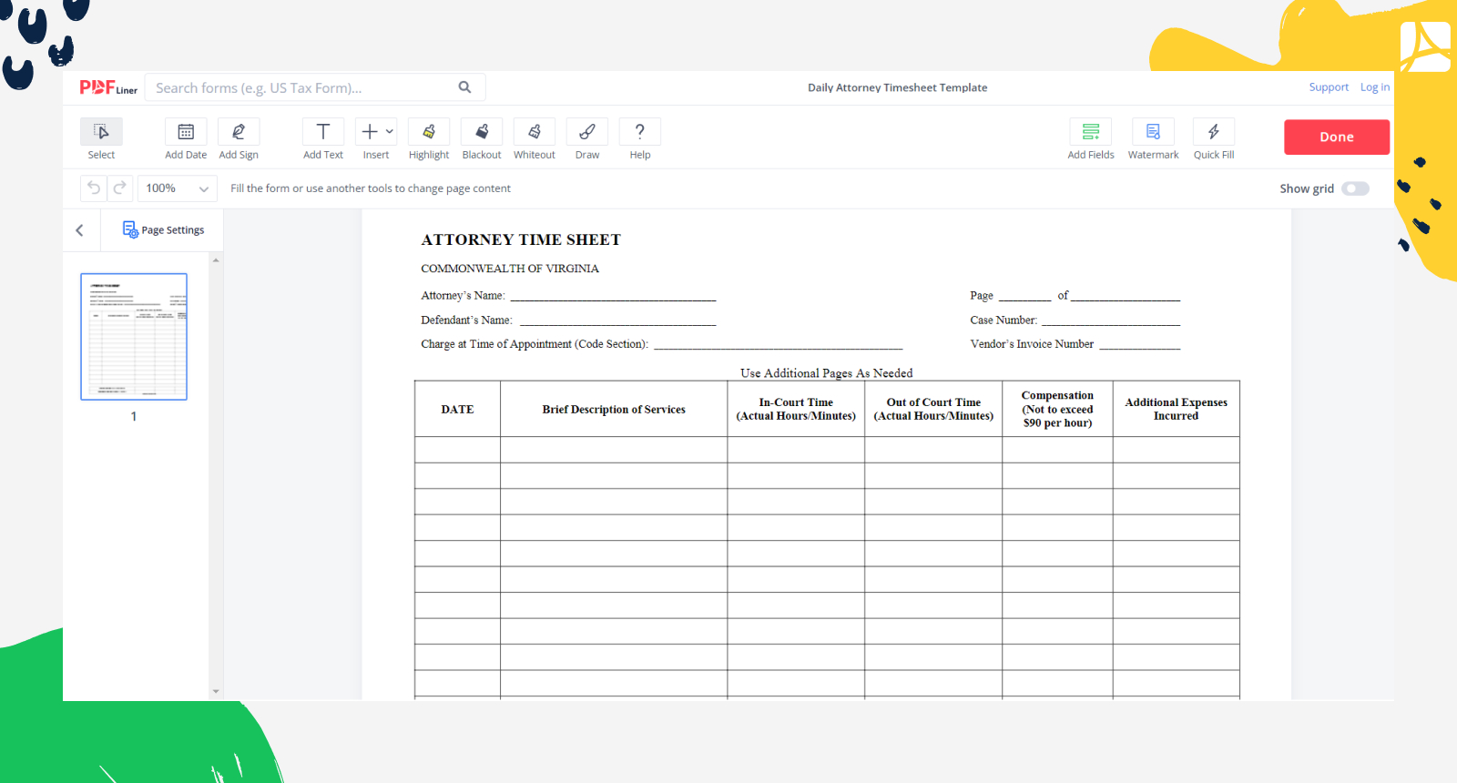 Daily Attorney Timesheet Template Blank, Sign Forms Online — Pdfliner with regard to Free Printable Attorney Timesheets
