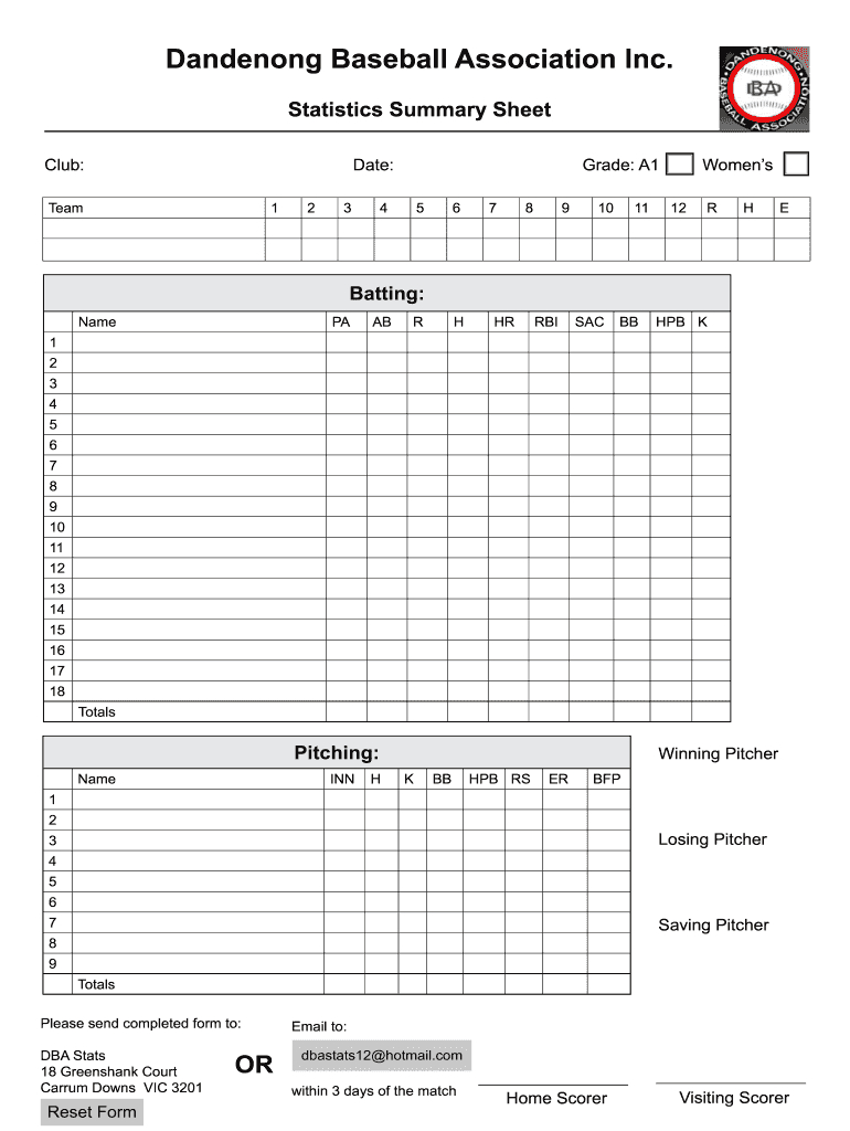 Dandenong Baseball Association Statistics Summary Form - Fill pertaining to Free Printable Softball Stat Sheets