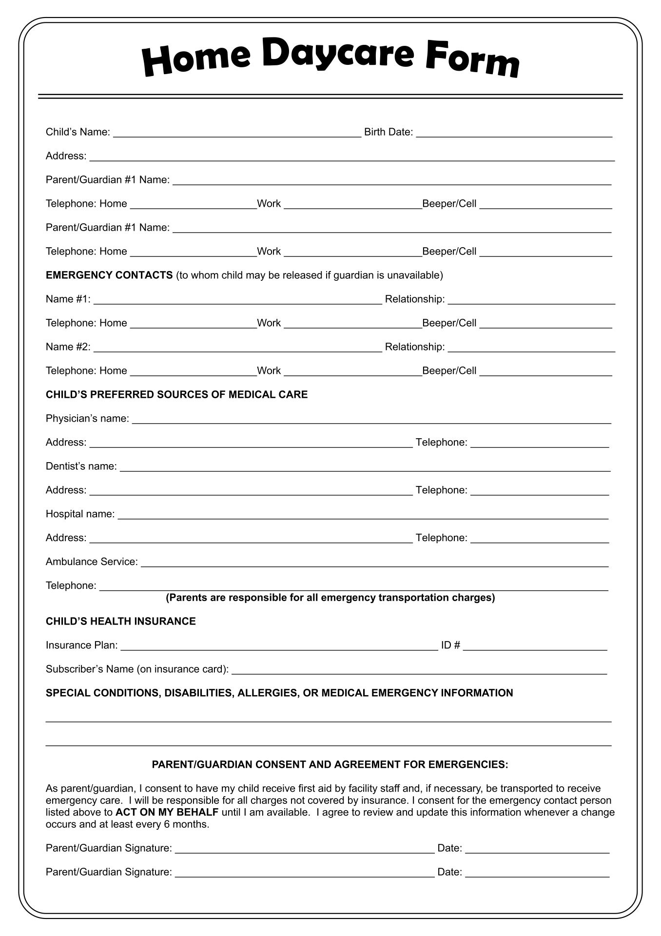 Daycare Free Printables throughout Free Printable Daycare Forms