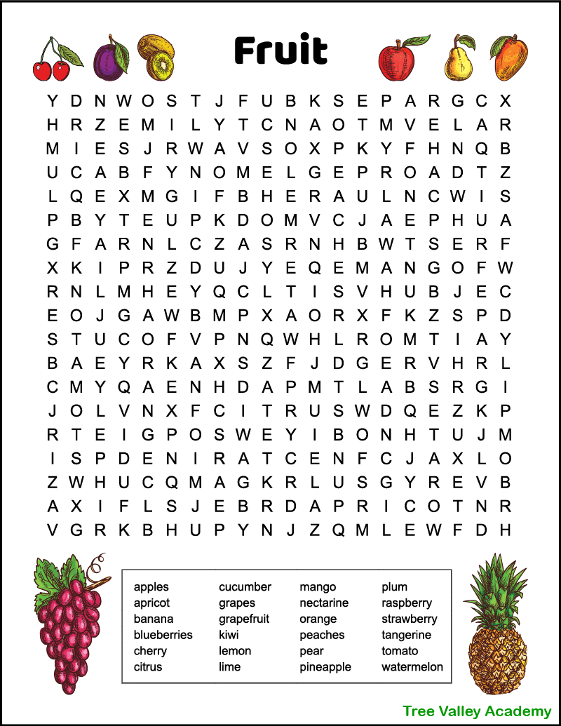 Difficult Fruit Word Search For Kids - Tree Valley Academy pertaining to Free Printable Word Finds