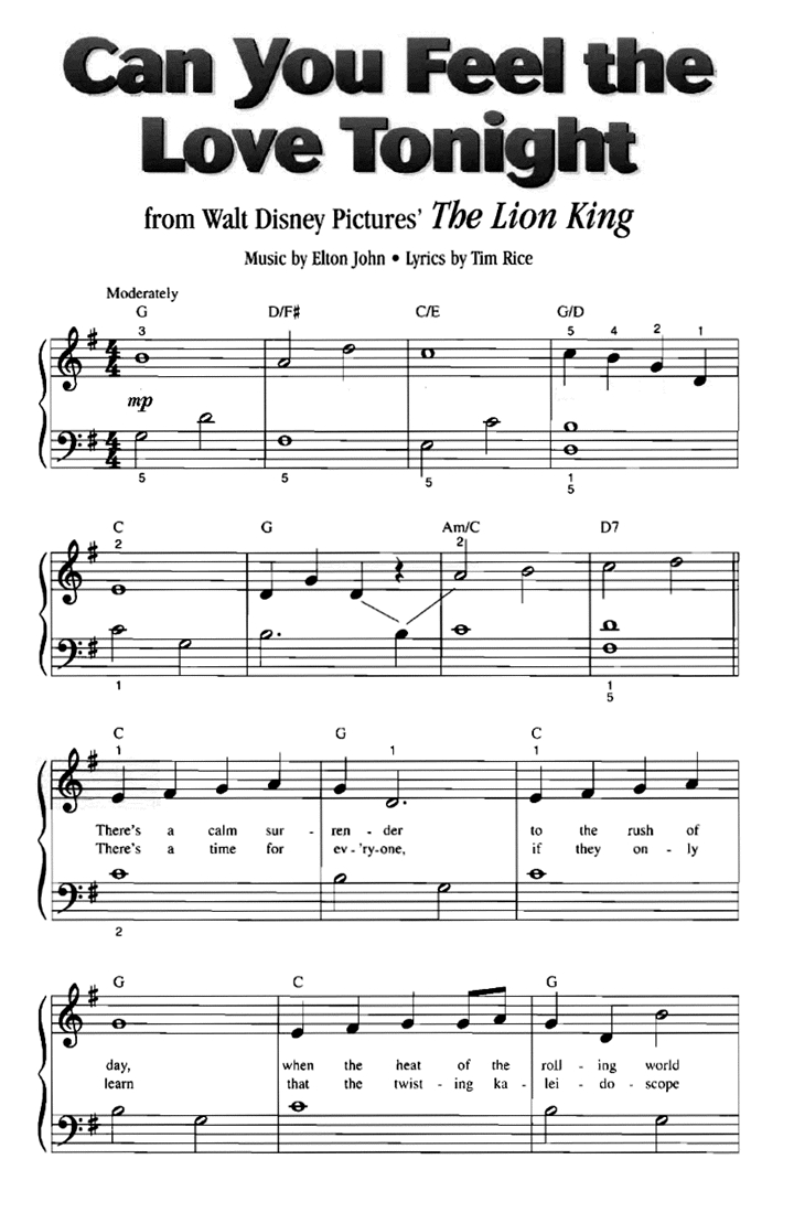 Disney Can You Feel The Love Tonight Easy Piano Sheet Music | Easy intended for Free Piano Sheet Music Online Printable Popular Songs
