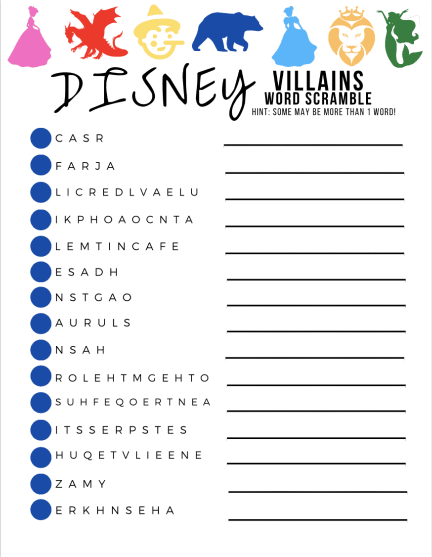 Disney Character Word Scramble Activity Pages - Free Printable in Free Disney Activity Printables