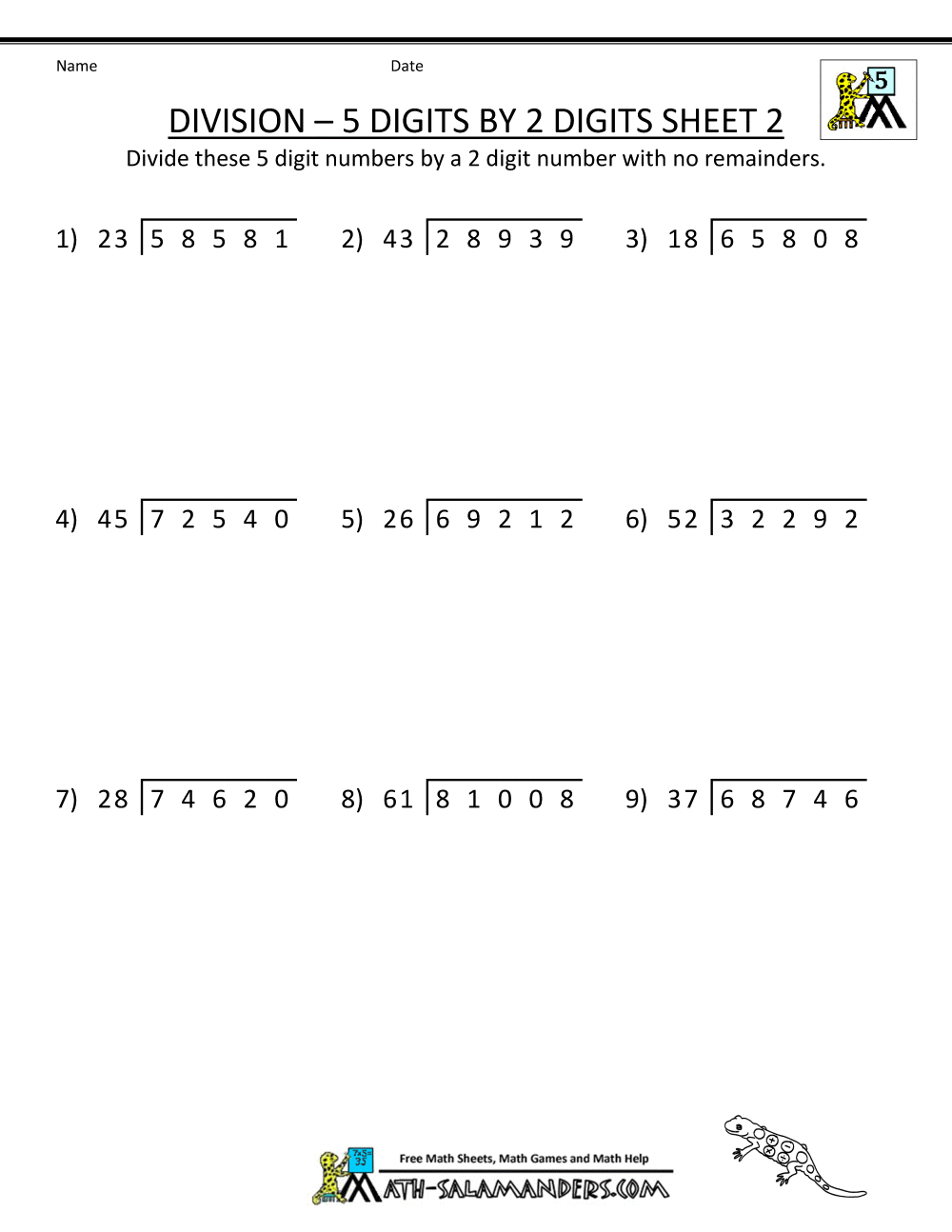 Division 5 Digits2 Digits Sheet 2 throughout Free Printable Division Worksheets For 5Th Grade