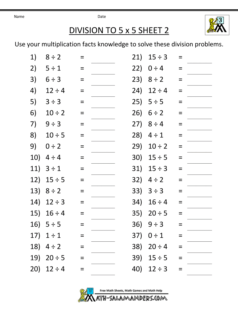 Division Facts Worksheets regarding Free Printable Division Worksheets