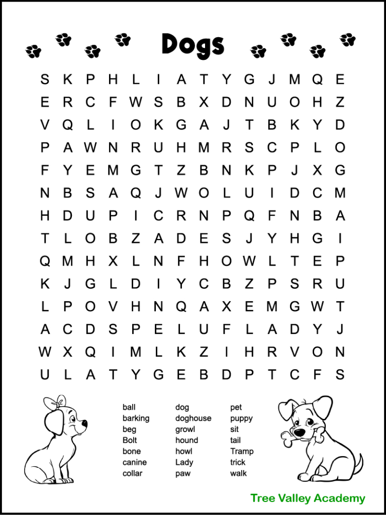 Dog Themed Word Search For Kids - Tree Valley Academy throughout 2Nd Grade Word Search Free Printable