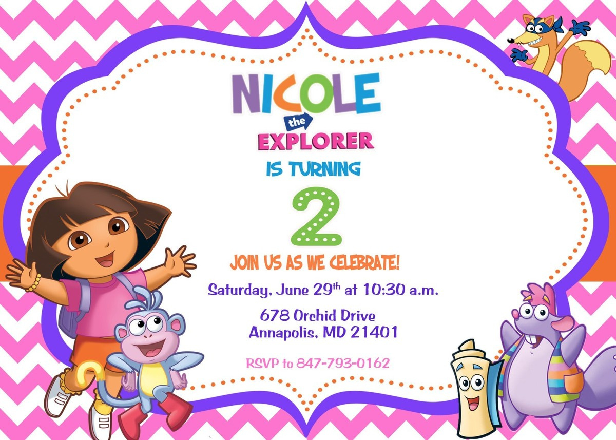 Dora, Dora The Explorer, Birthday Party Invitation inside Dora Birthday Cards Free Printable