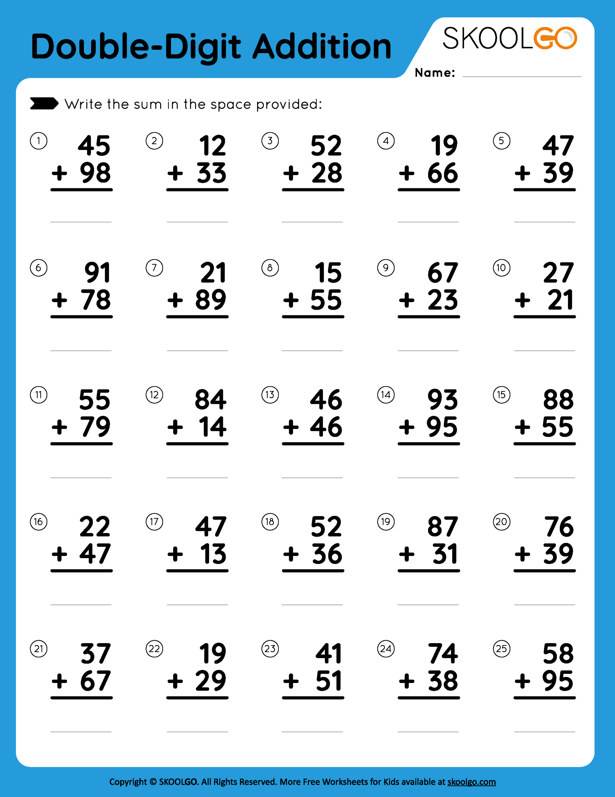 Double-Digit Addition - Free Worksheet For Kids - Skoolgo regarding Free Printable Two Digit Addition Worksheets