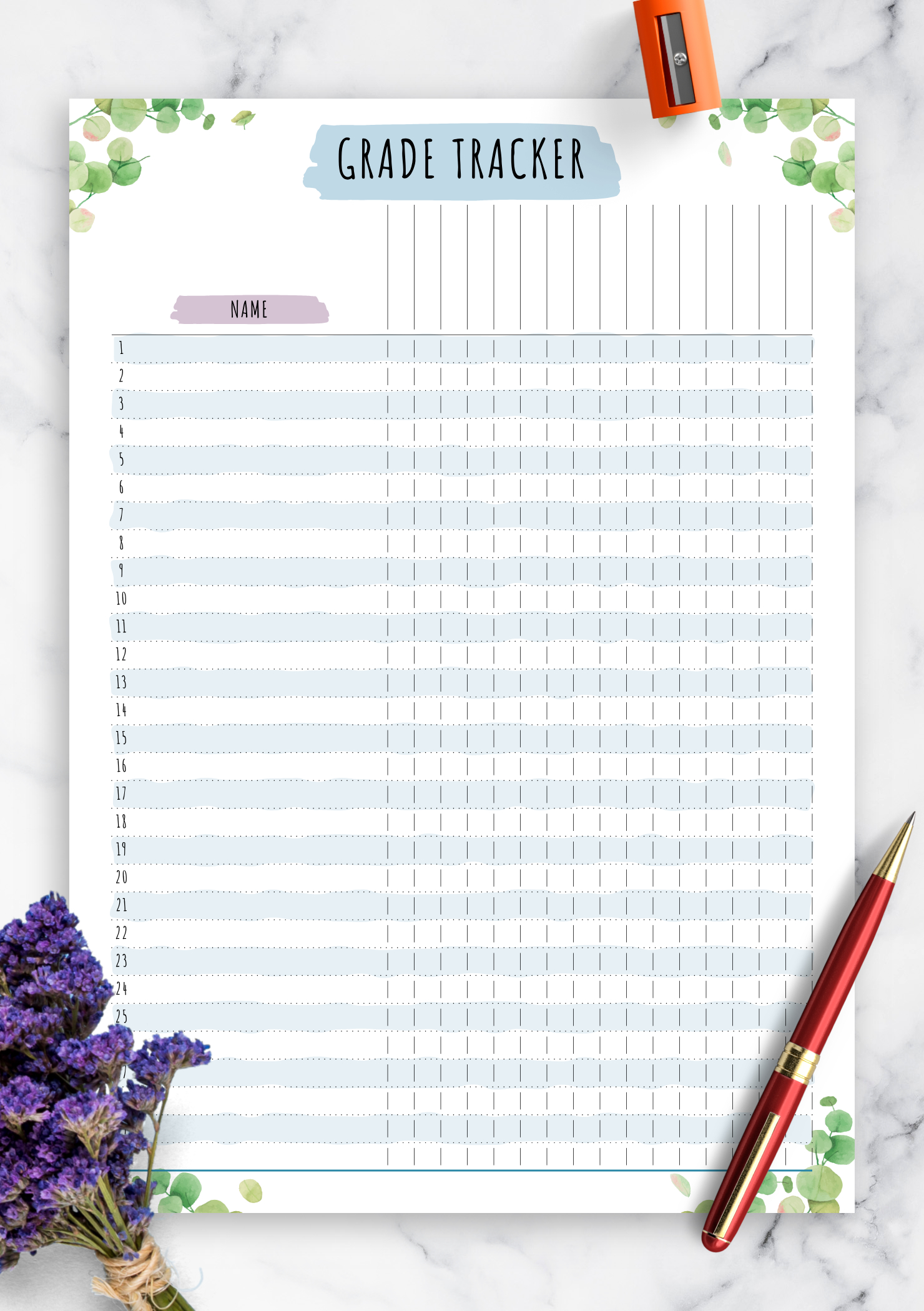 Download Printable Gradebook Template - Floral Style Pdf inside Free Printable Grade Sheet