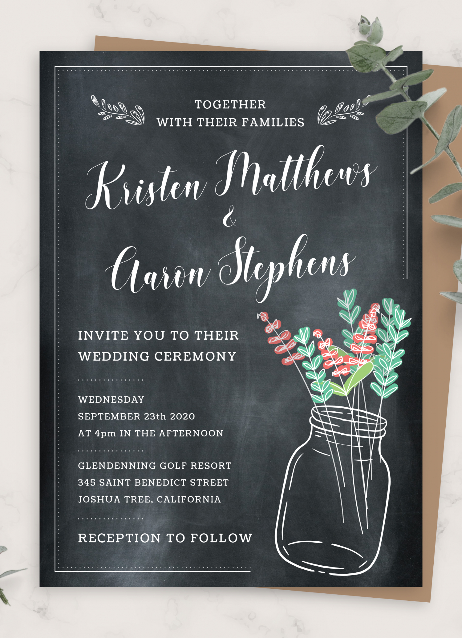 Download Printable Mason Jar Chalkboard Rustic Wedding Invitation Pdf inside Free Mason Jar Wedding Invitation Printable Templates