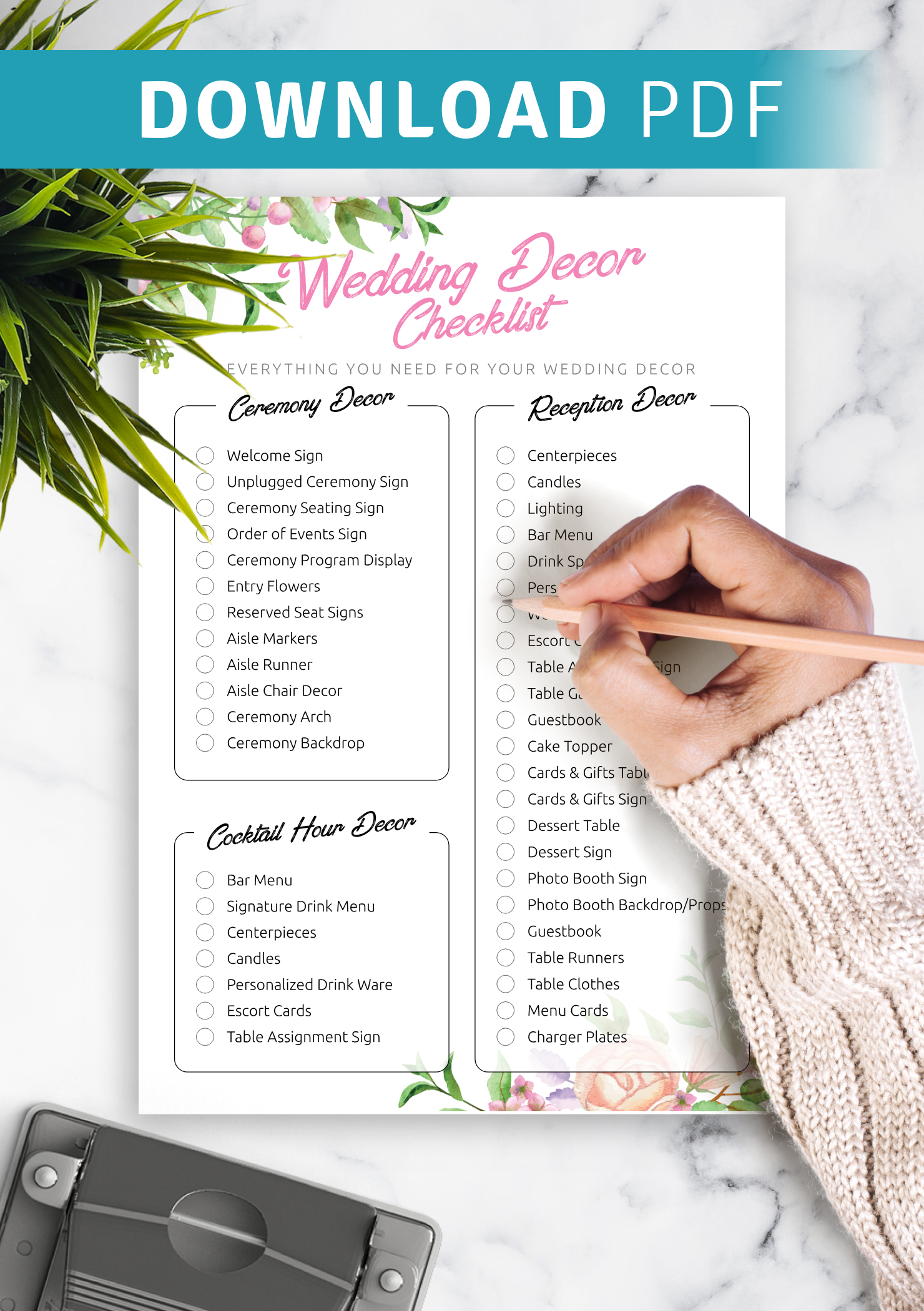 Download Printable Wedding Decor Checklist Pdf throughout Free Printable Wedding Decorations