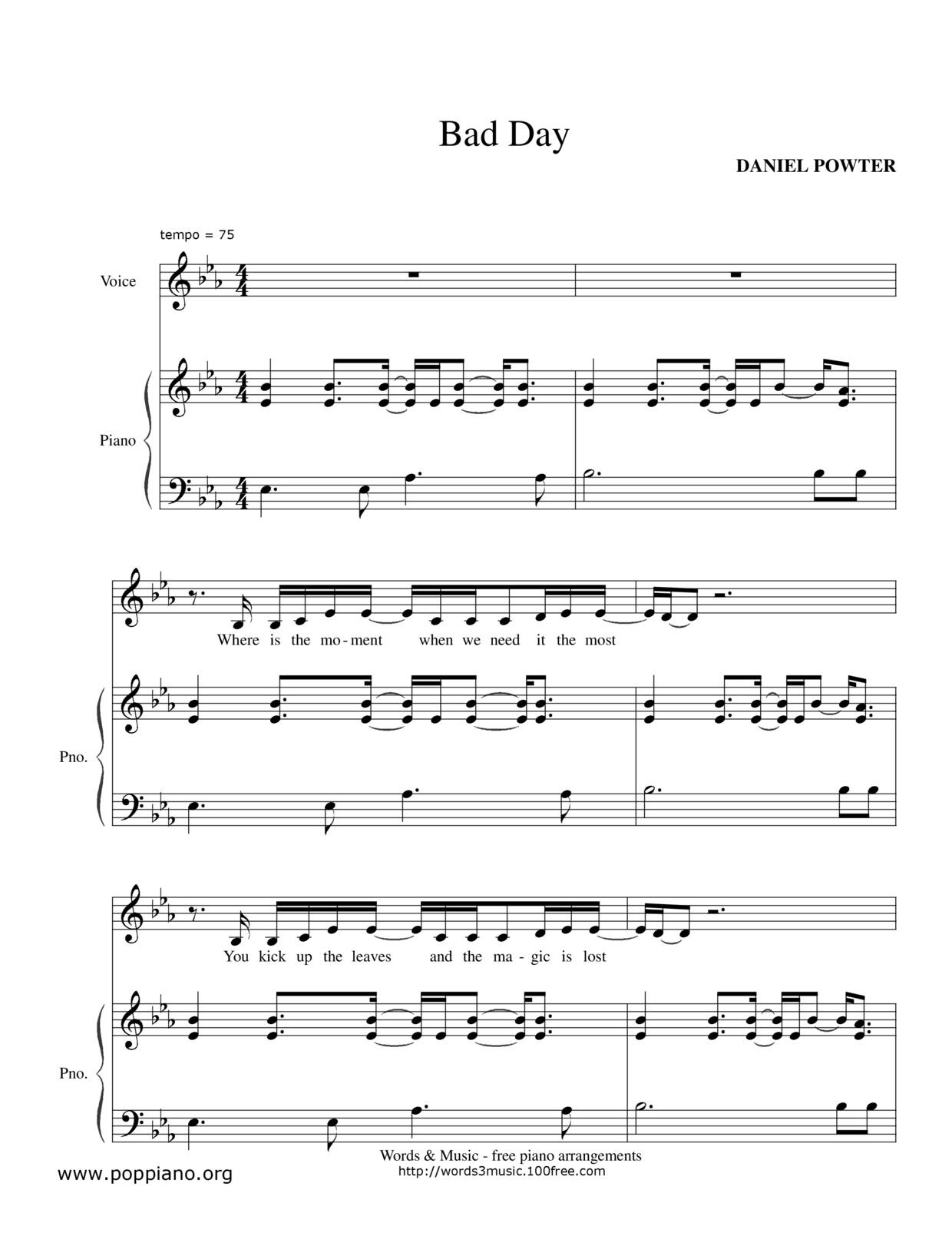 ☆ Daniel Powter-Bad Day Sheet Music Pdf, - Free Score Download ☆ pertaining to Bad Day Piano Sheet Music Free Printable
