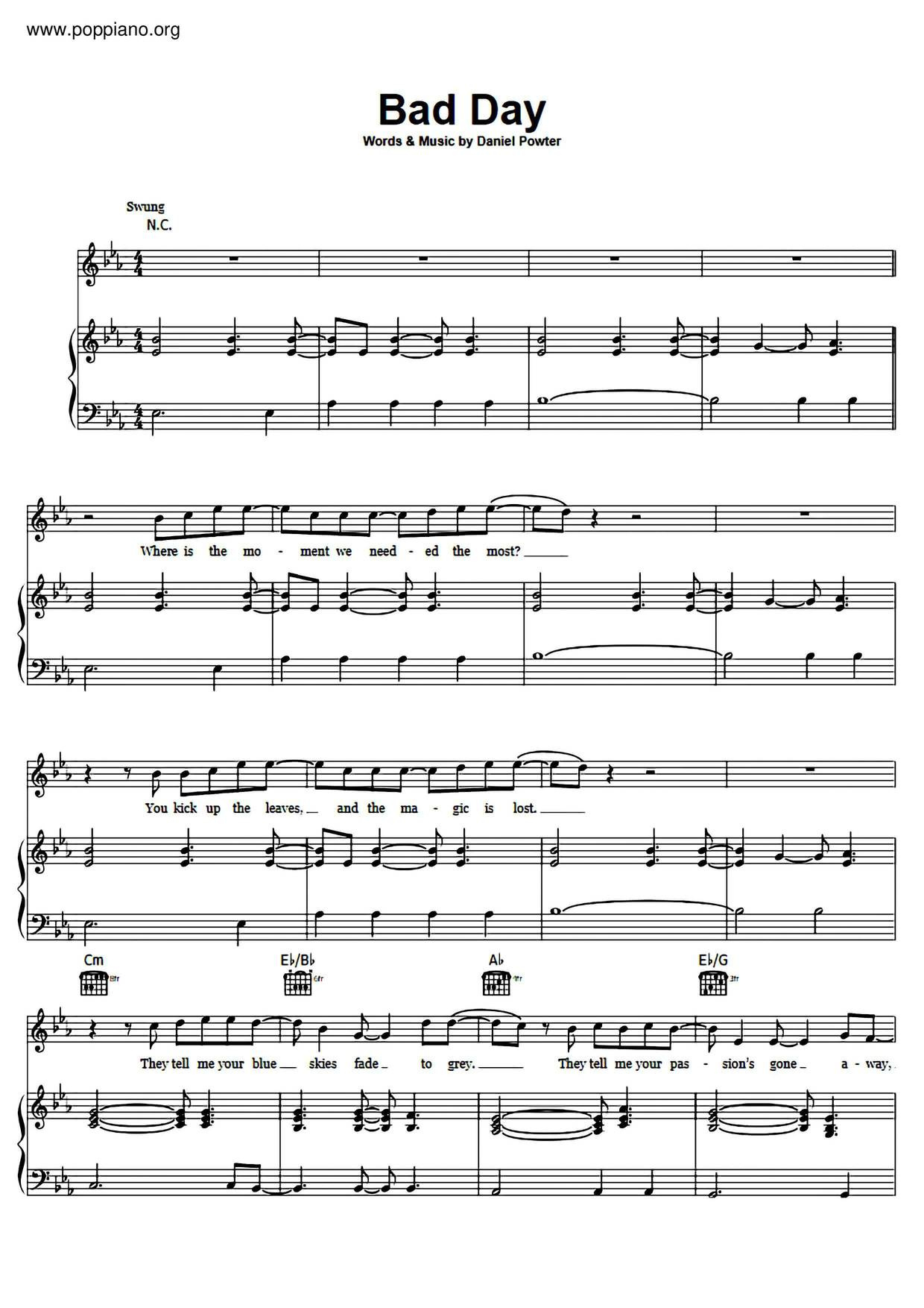 ☆ Daniel Powter-Bad Day Sheet Music Pdf, - Free Score Download ☆ throughout Bad Day Piano Sheet Music Free Printable