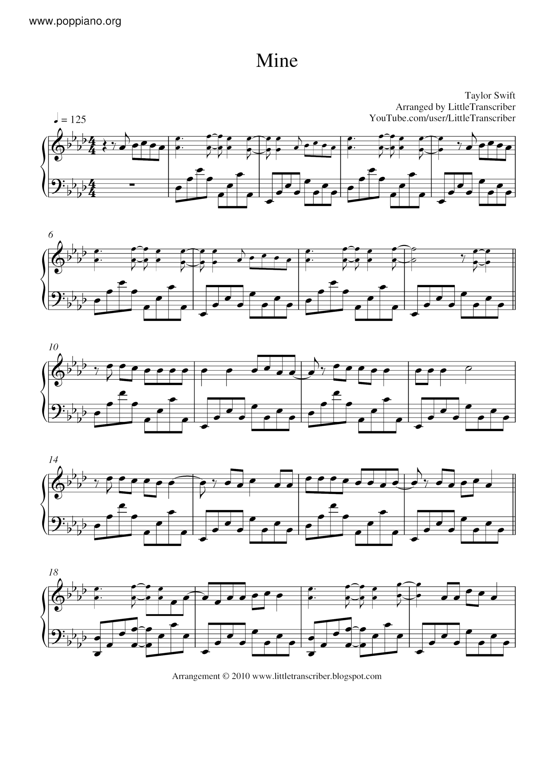 ☆ Taylor Swift-Mine Sheet Music Pdf, - Free Score Download ☆ for Taylor Swift Mine Piano Sheet Music Free Printable