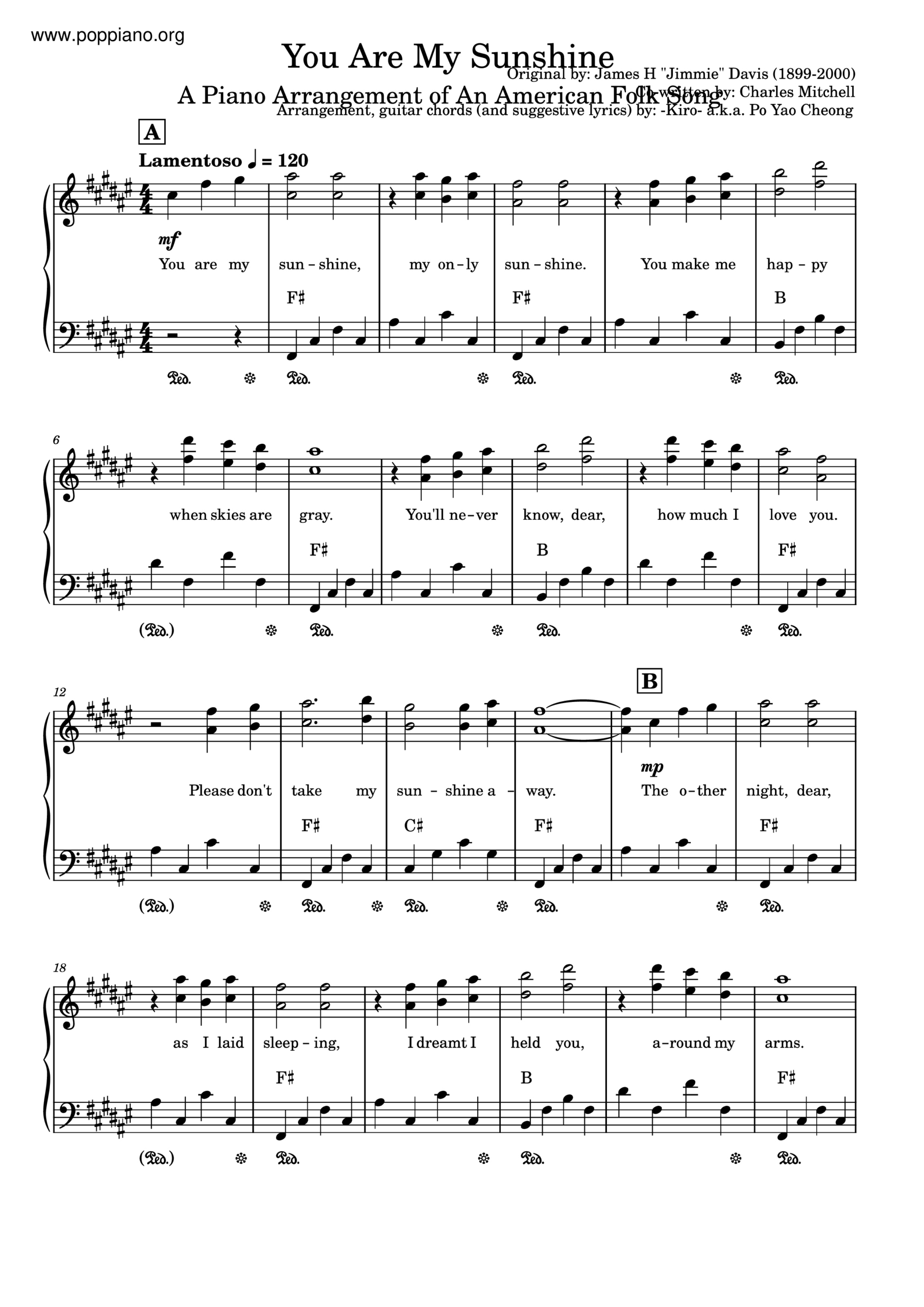 ☆ You Are My Sunshine | Sheet Music | Piano Score Free Pdf regarding Free Printable Piano Sheet Music For You Are My Sunshine