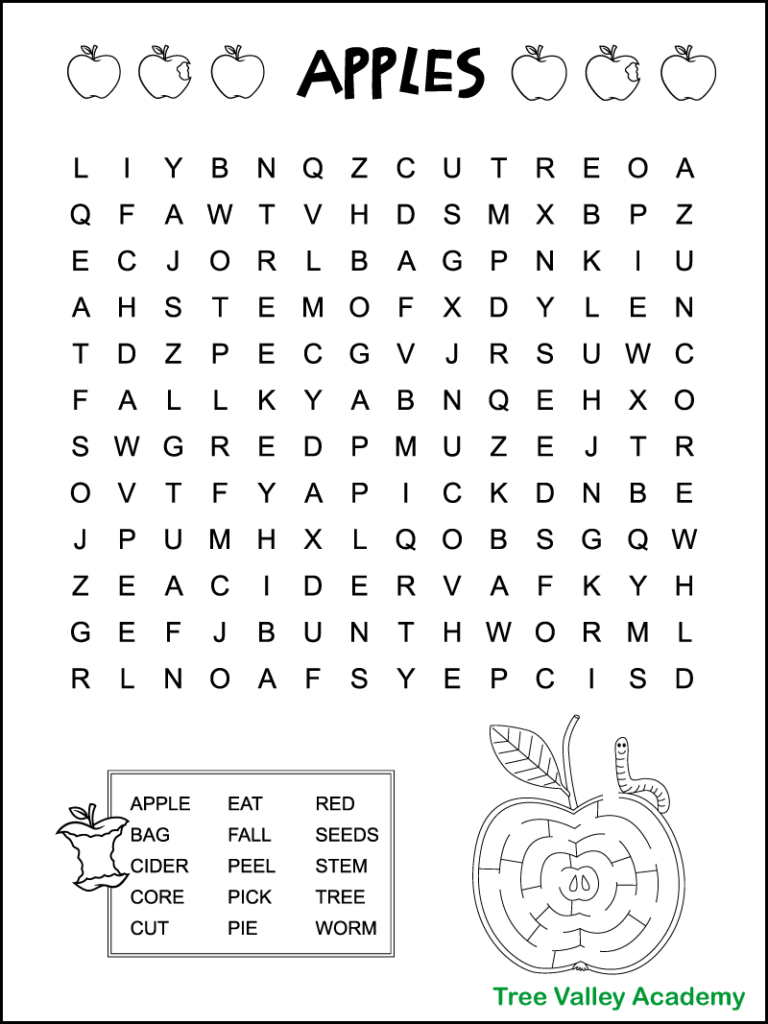 Easy Apple Word Search For Kids - Tree Valley Academy within 2Nd Grade Word Search Free Printable