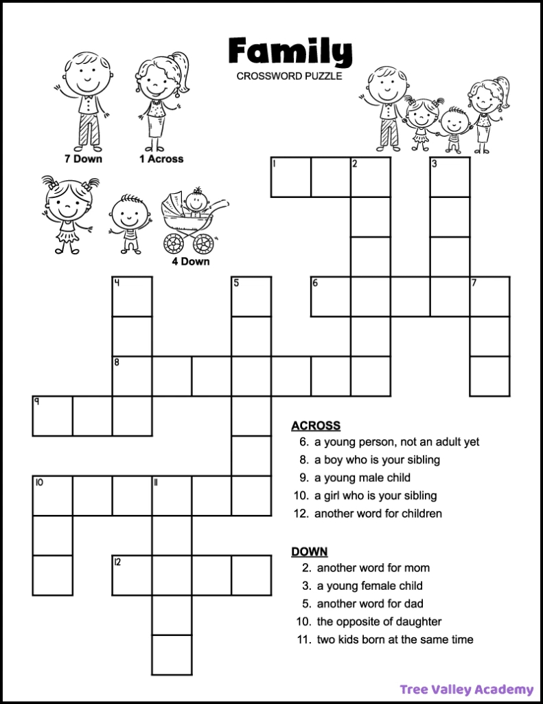Easy Family Crossword Puzzle - Tree Valley Academy intended for Free Printable Easy Fill In Puzzles