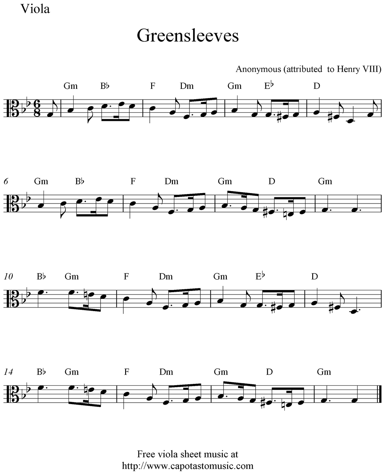 Easy Sheet Music For Beginners: Free Viola Sheet Music, Greensleeves throughout Viola Sheet Music Free Printable