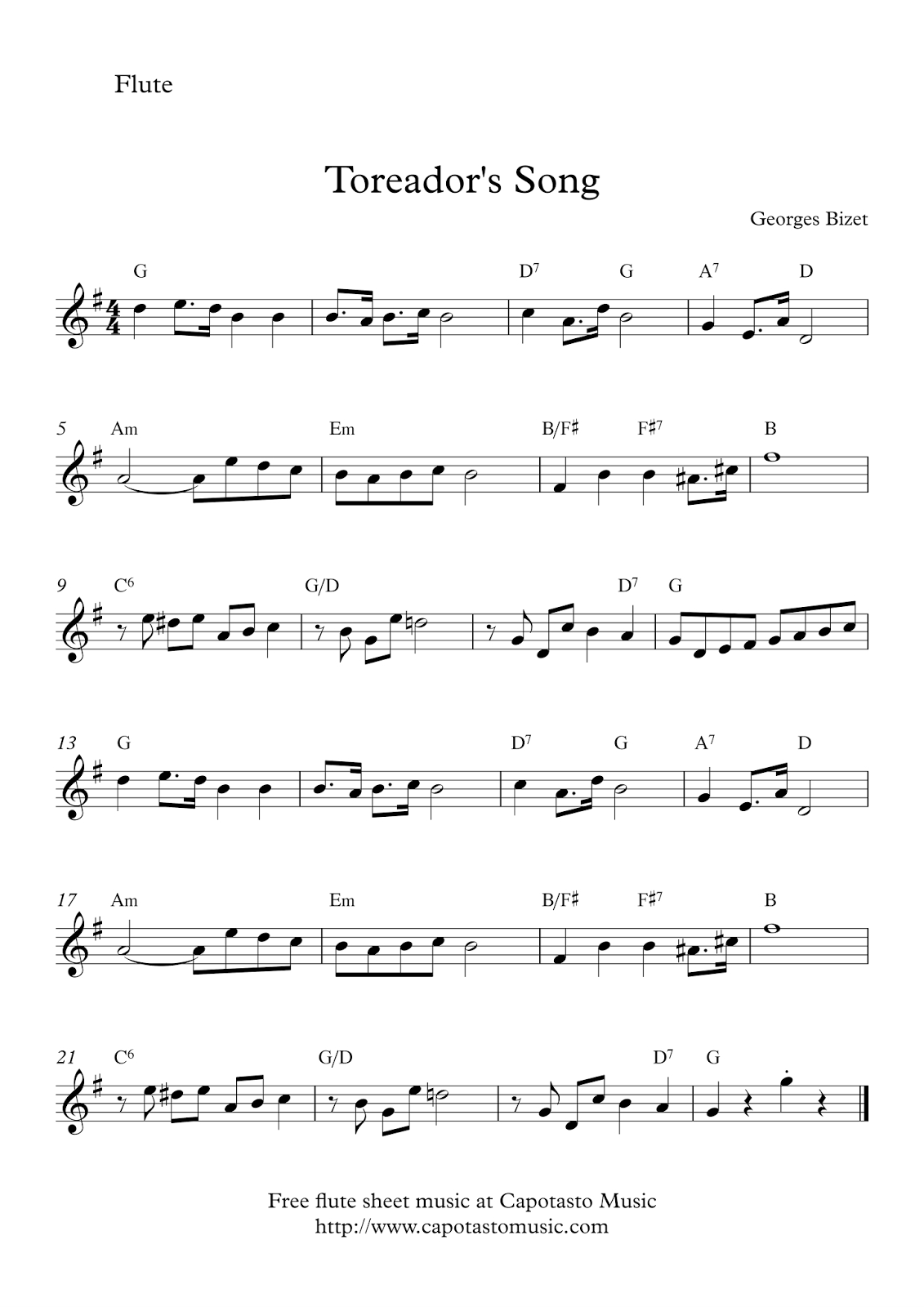 Easy Sheet Music For Beginners: Toreador´s Song | Free Flute Sheet pertaining to Free Printable Flute Sheet Music For Pop Songs