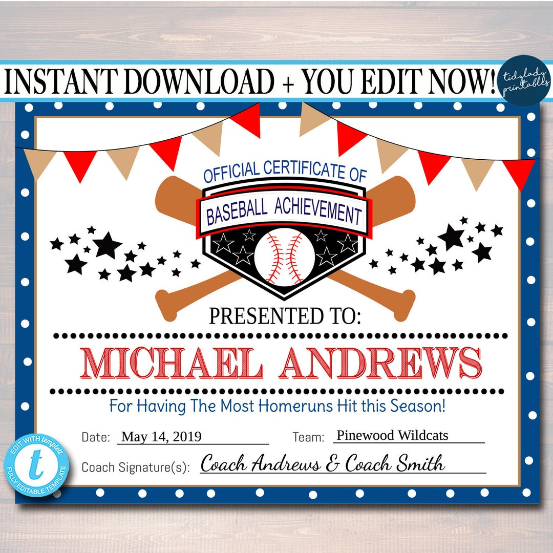 Editable Baseball Award Certificates, Instant Download, Team in Free Printable Baseball Certificates