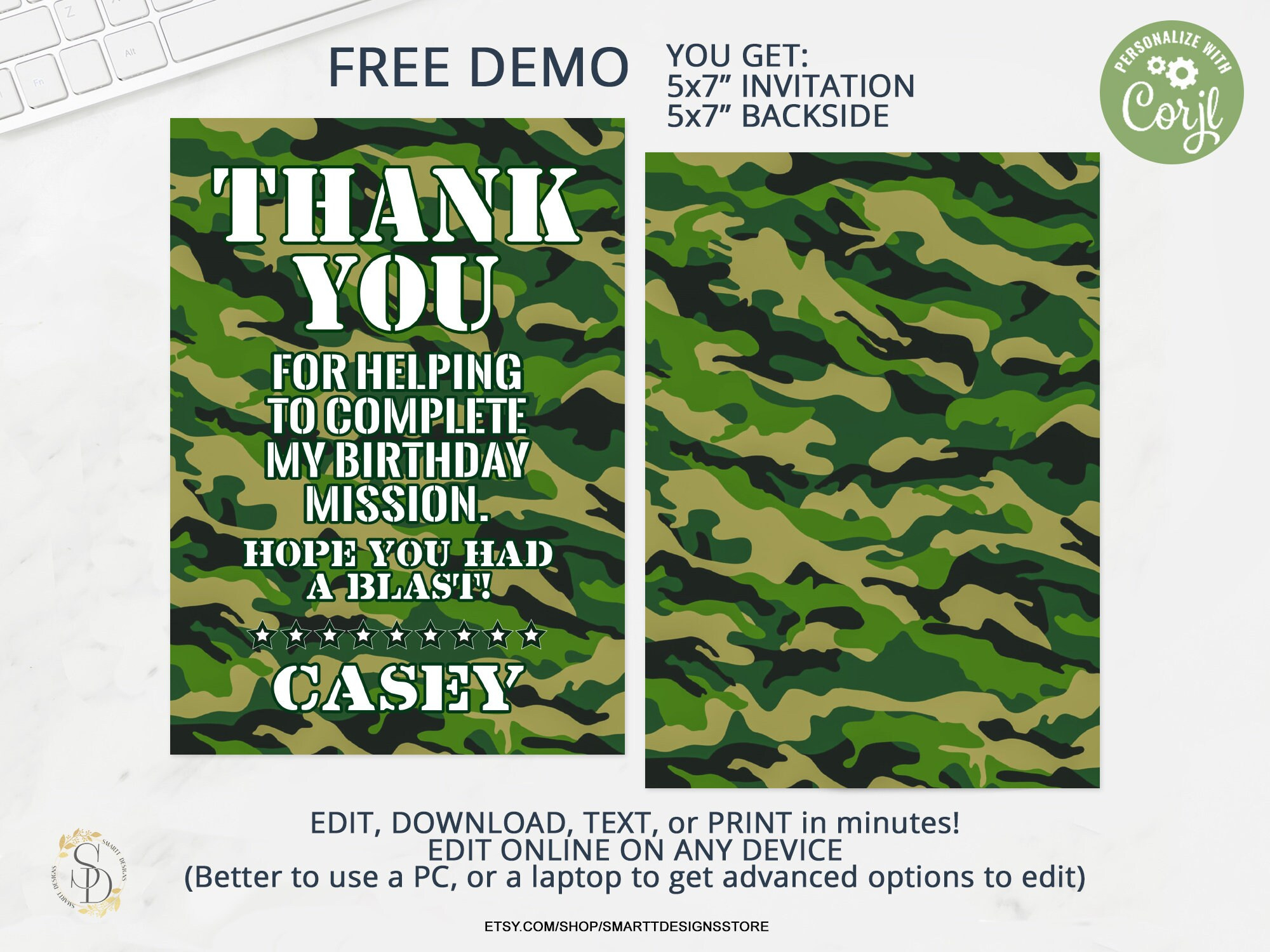 Editable Camouflage Birthday Thank You Card (Printable Template pertaining to Free Printable Camouflage Birthday Cards